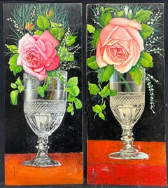 Pair Mid 20th Century French Still Life Painting Ornate Flowers in Glass Vase