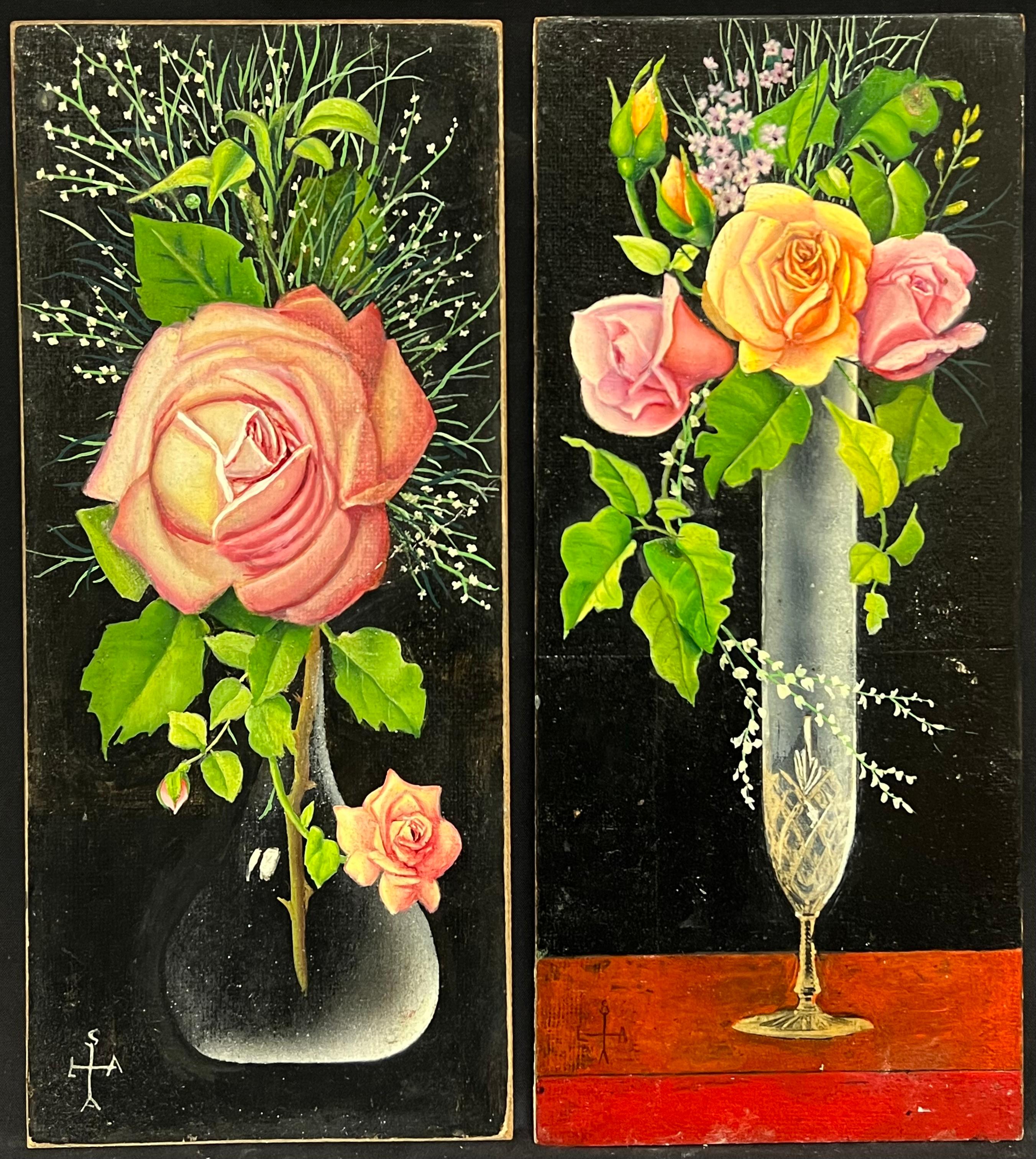 Pair Mid 20th Century French Still Life Painting Ornate Flowers in Glass Vase - Black Interior Painting by French artist