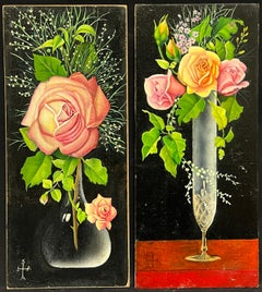Pair Mid 20th Century French Still Life Painting Ornate Flowers in Glass Vase