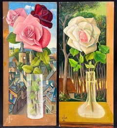 Pair Mid 20th Century French Still Life Painting Ornate Flowers in Glass Vase