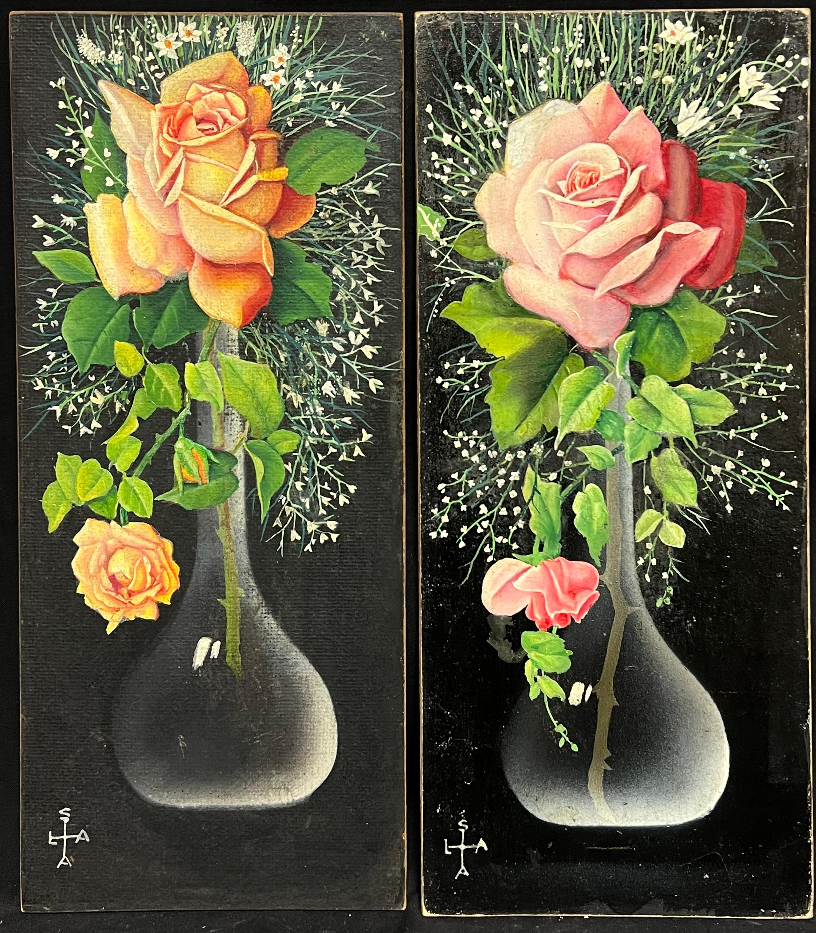 Pair Mid 20th Century French Still Life Painting Ornate Flowers in Glass Vase - Black Still-Life Painting by French artist
