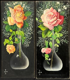 Pair Mid 20th Century French Still Life Painting Ornate Flowers in Glass Vase