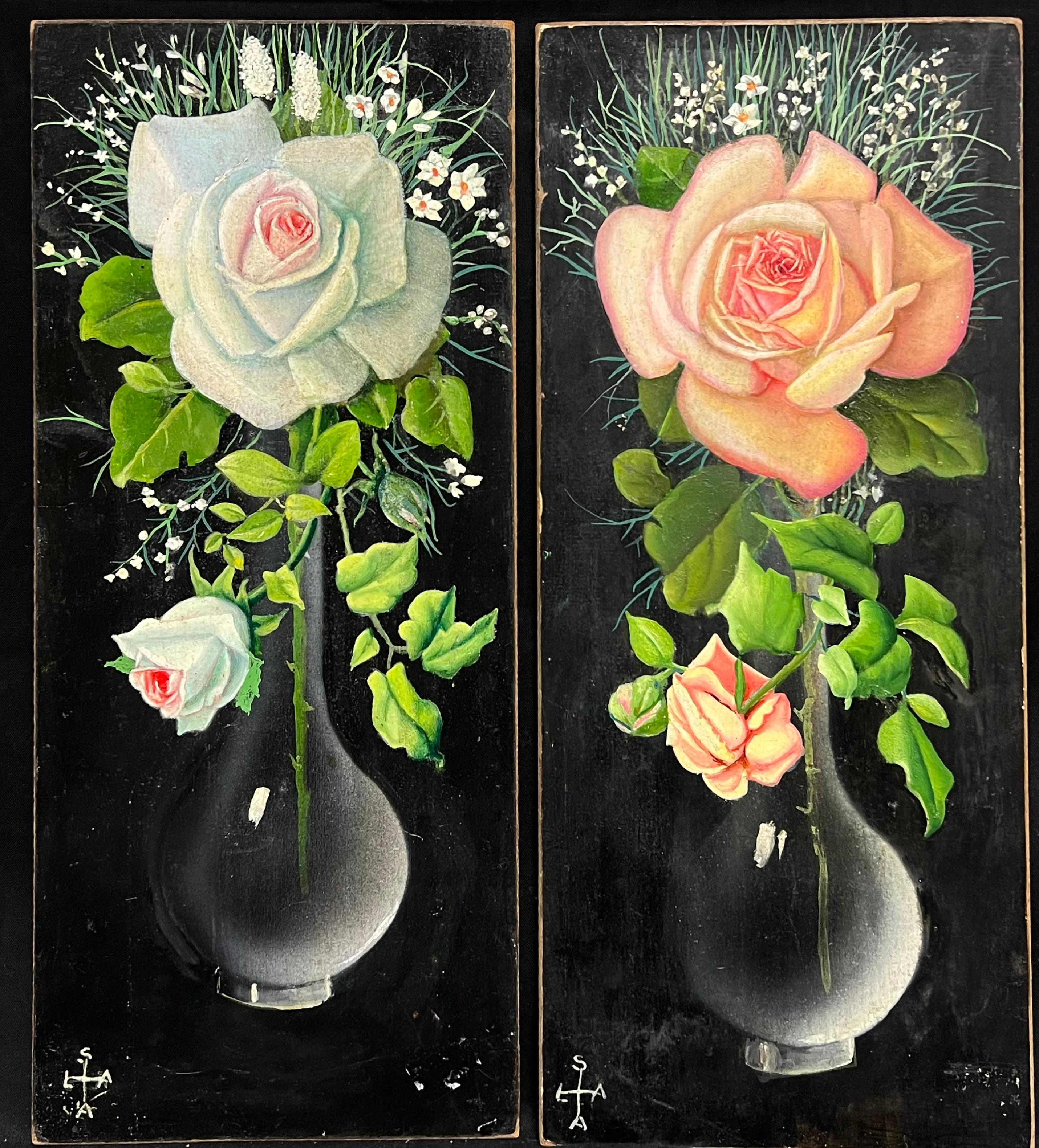 Pair Mid 20th Century French Still Life Painting Ornate Flowers in Glass Vase - Black Still-Life Painting by French artist