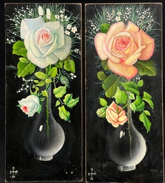 Pair Mid 20th Century French Still Life Painting Ornate Flowers in Glass Vase