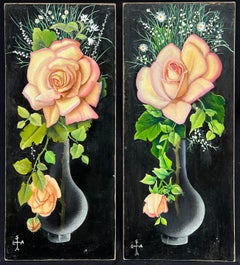 Pair Mid 20th Century French Still Life Painting Ornate Flowers in Glass Vase