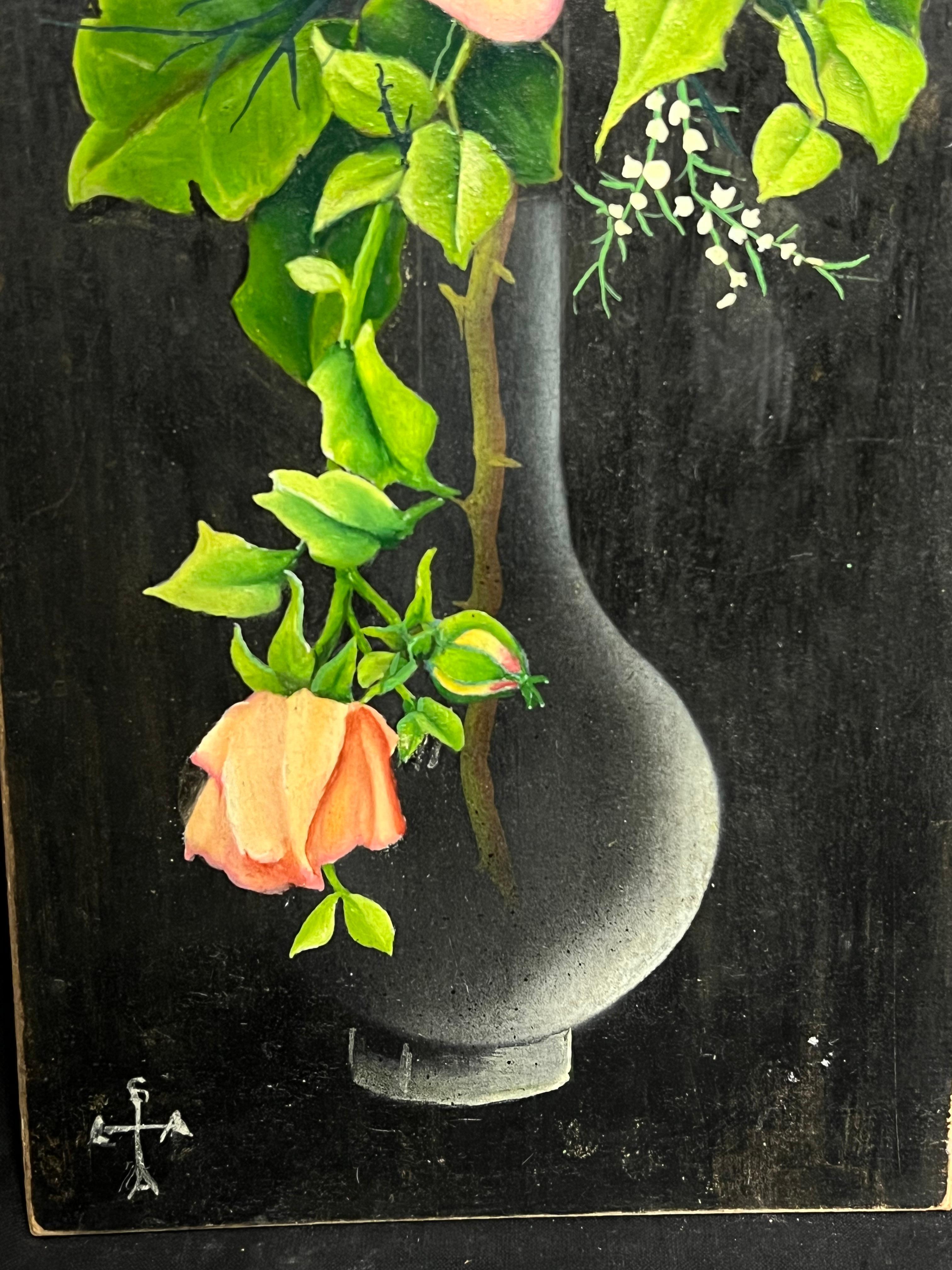 Pair Mid 20th Century French Still Life Painting Ornate Flowers in Glass Vase For Sale 1