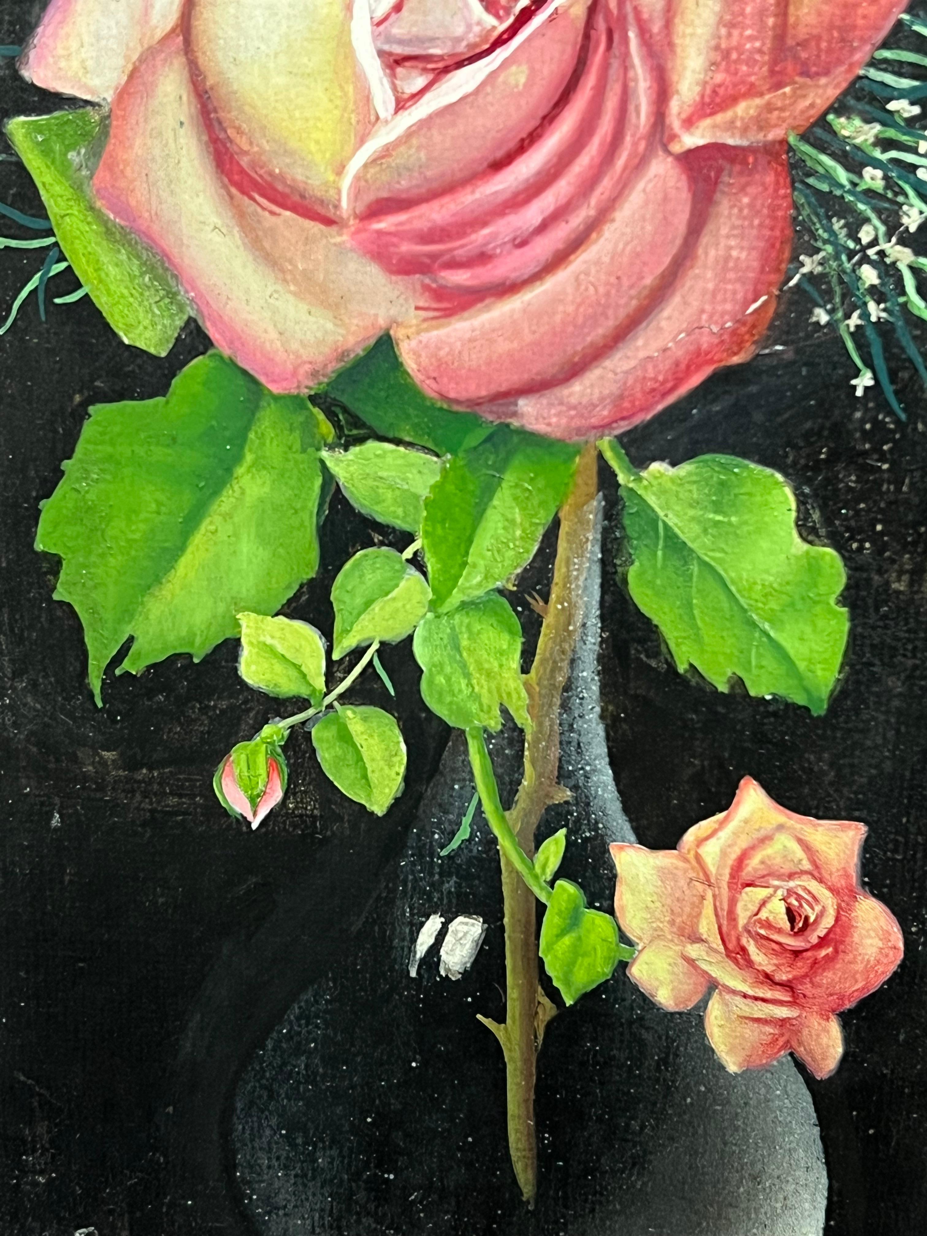 Pair Mid 20th Century French Still Life Painting Ornate Flowers in Glass Vase For Sale 2