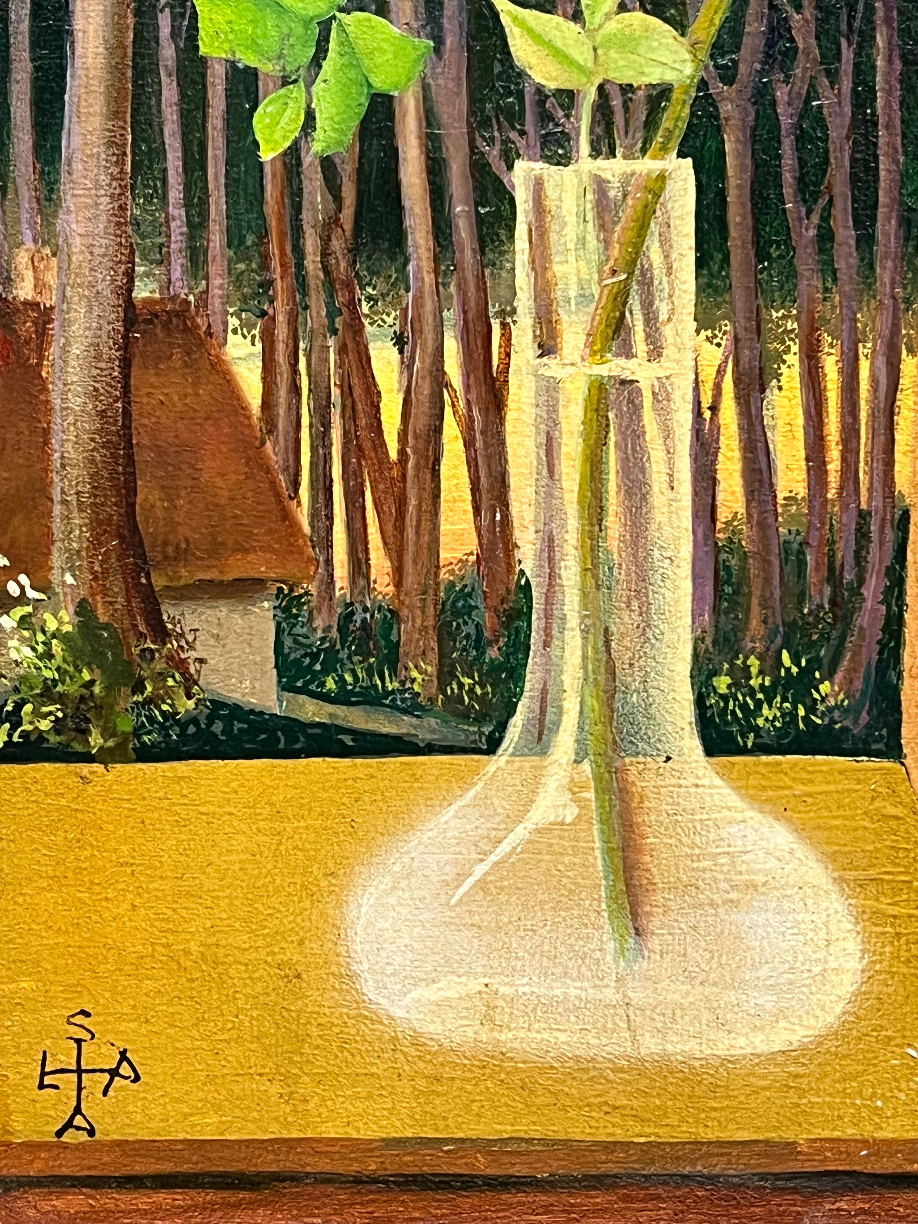 Fiori ornamentali in vaso di vetro
Coppia di dipinti originali francesi, epoca 1950 circa
2 dipinti a olio su tavola senza cornice, con l'aggiunta di collage e tecniche miste
Ogni tavola misura: 14,5 x 6,25 pollici
condizioni: trattandosi di