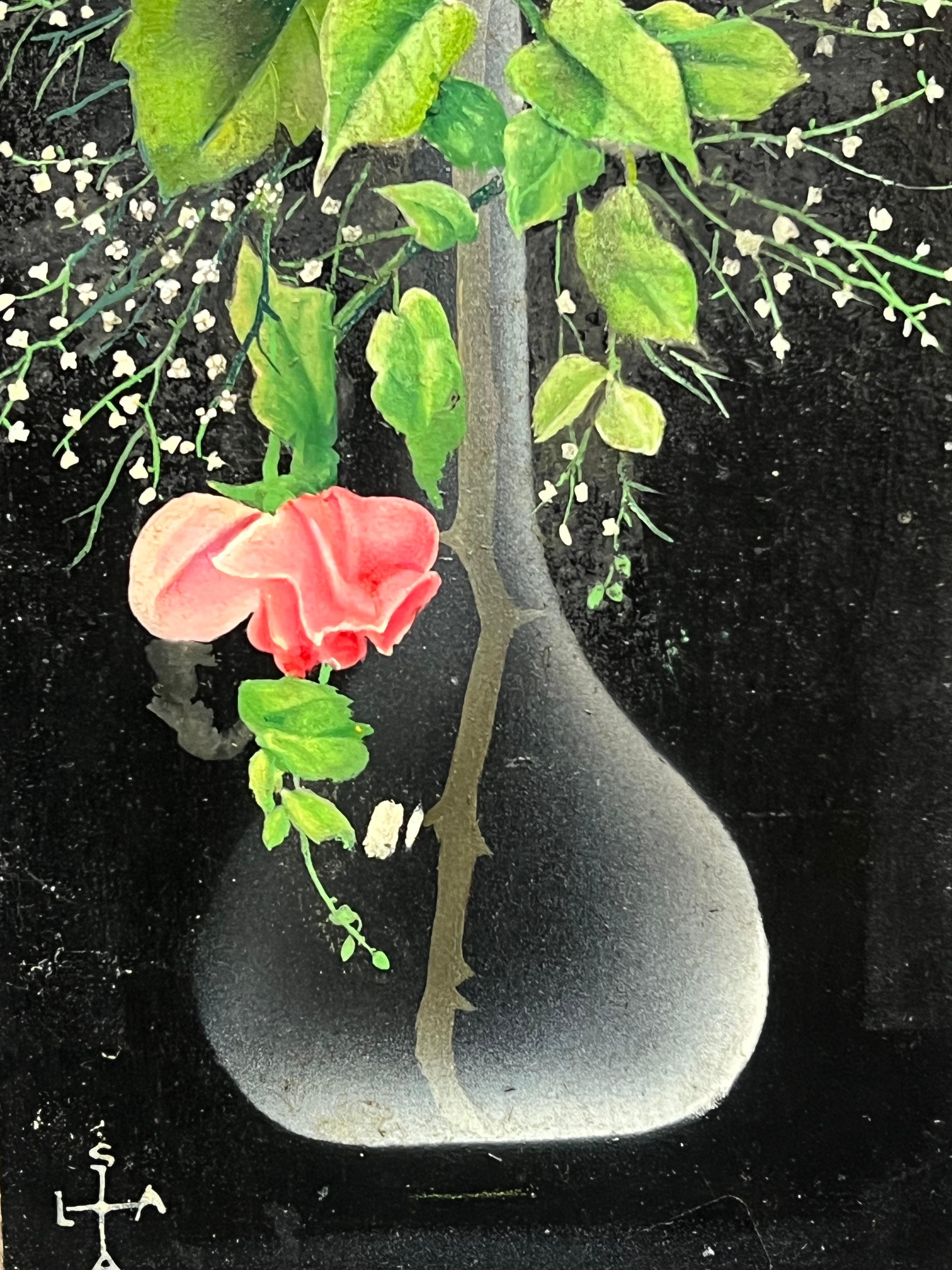 Pair Mid 20th Century French Still Life Painting Ornate Flowers in Glass Vase For Sale 2