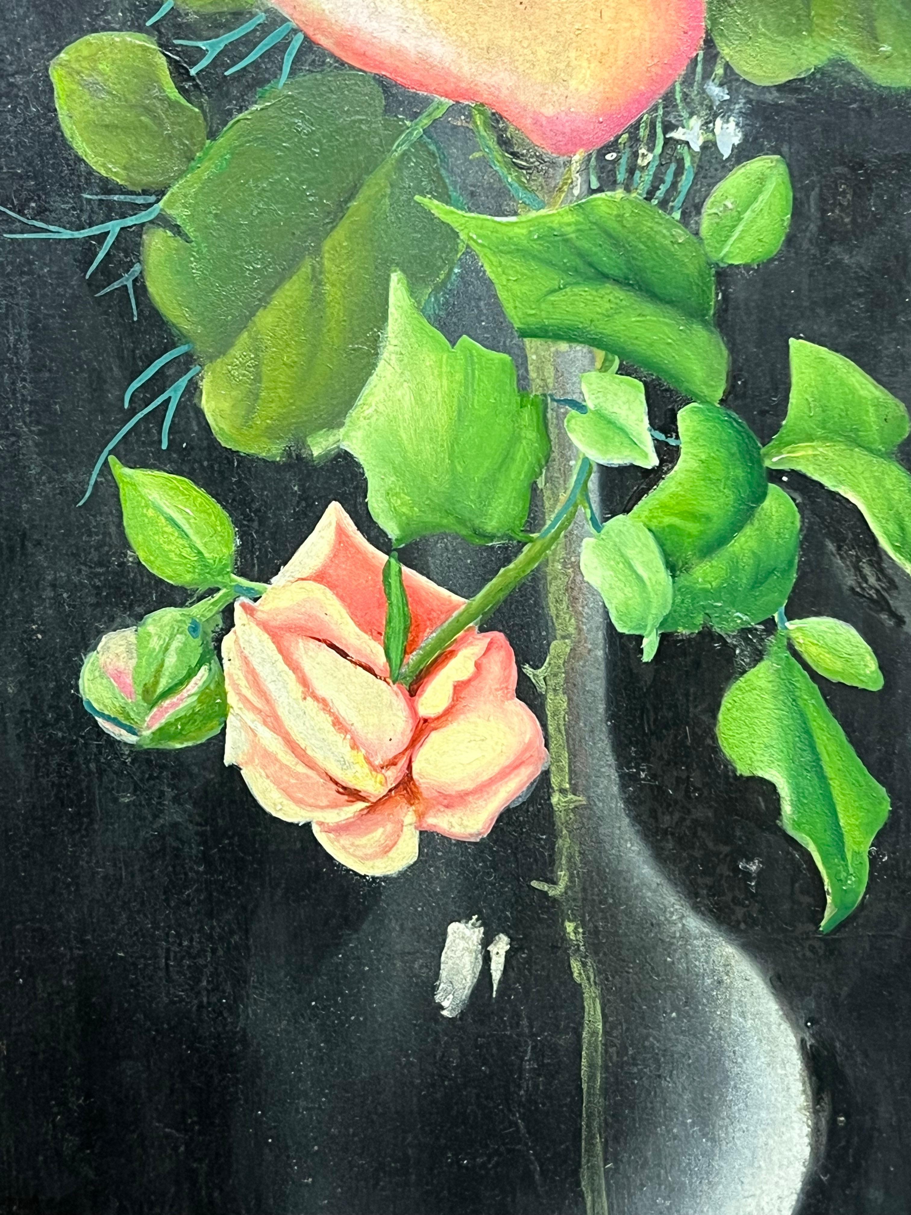 Pair Mid 20th Century French Still Life Painting Ornate Flowers in Glass Vase For Sale 2