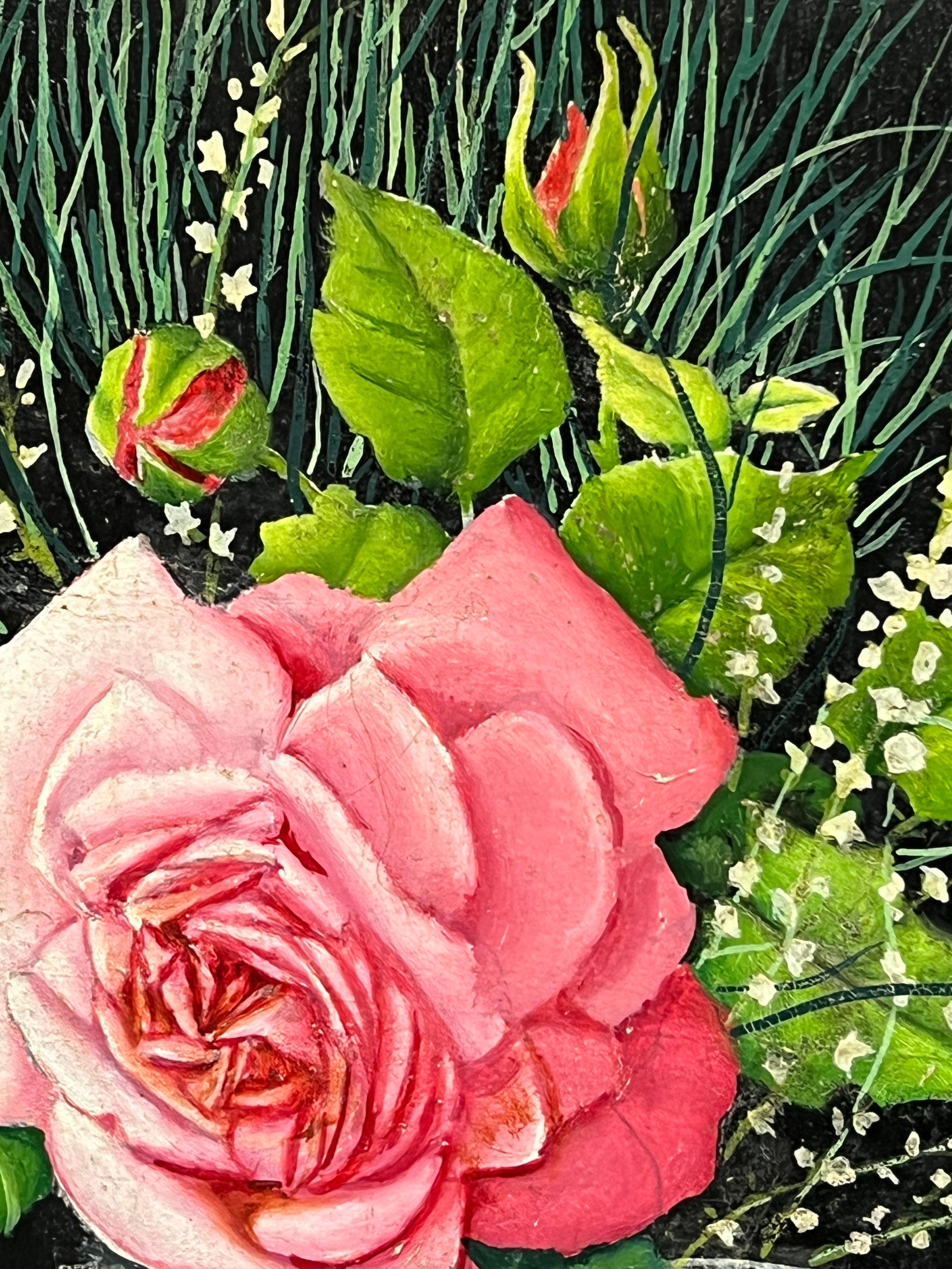 Pair Mid 20th Century French Still Life Painting Ornate Flowers in Glass Vase For Sale 3
