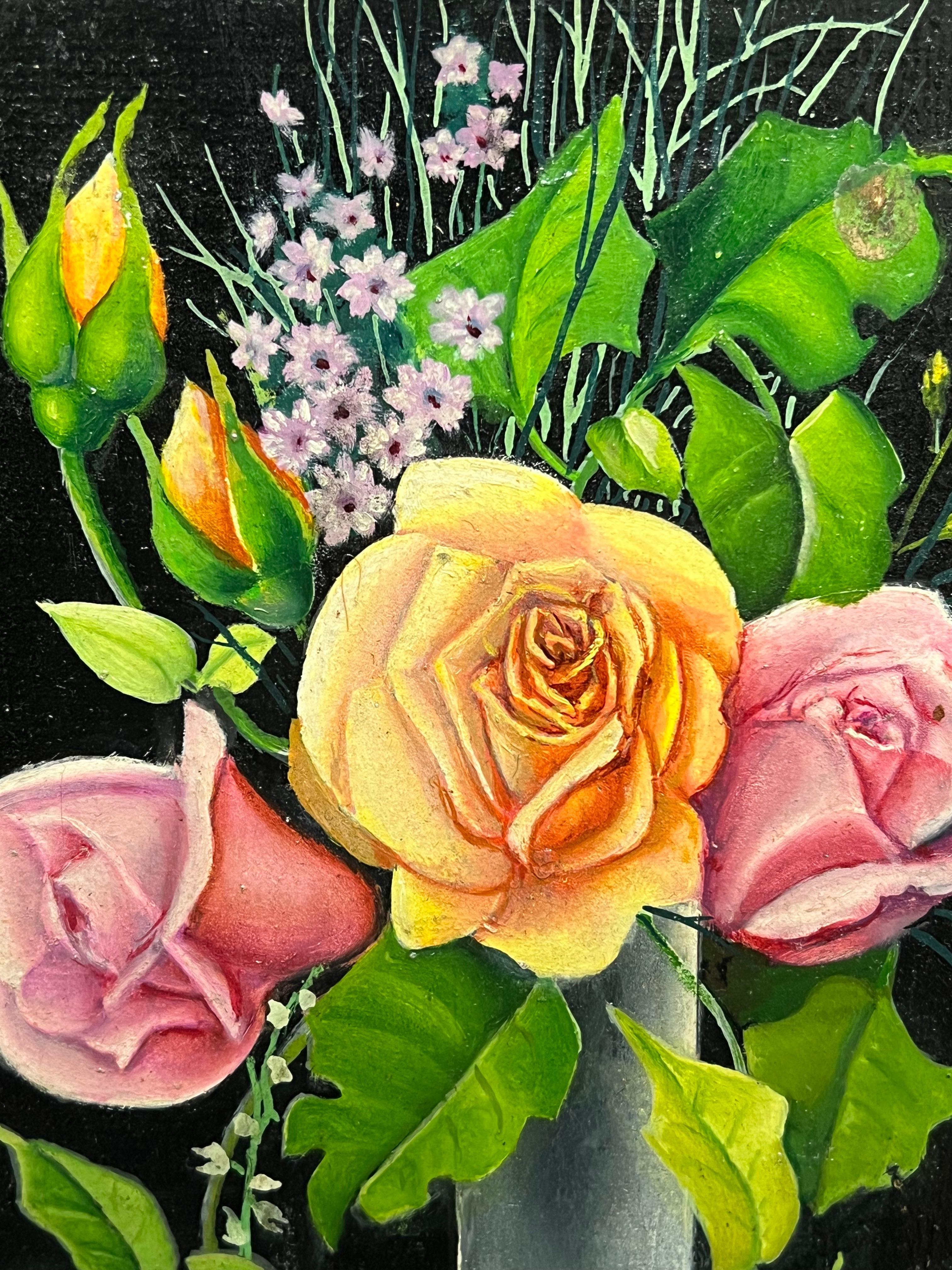 Pair Mid 20th Century French Still Life Painting Ornate Flowers in Glass Vase For Sale 3