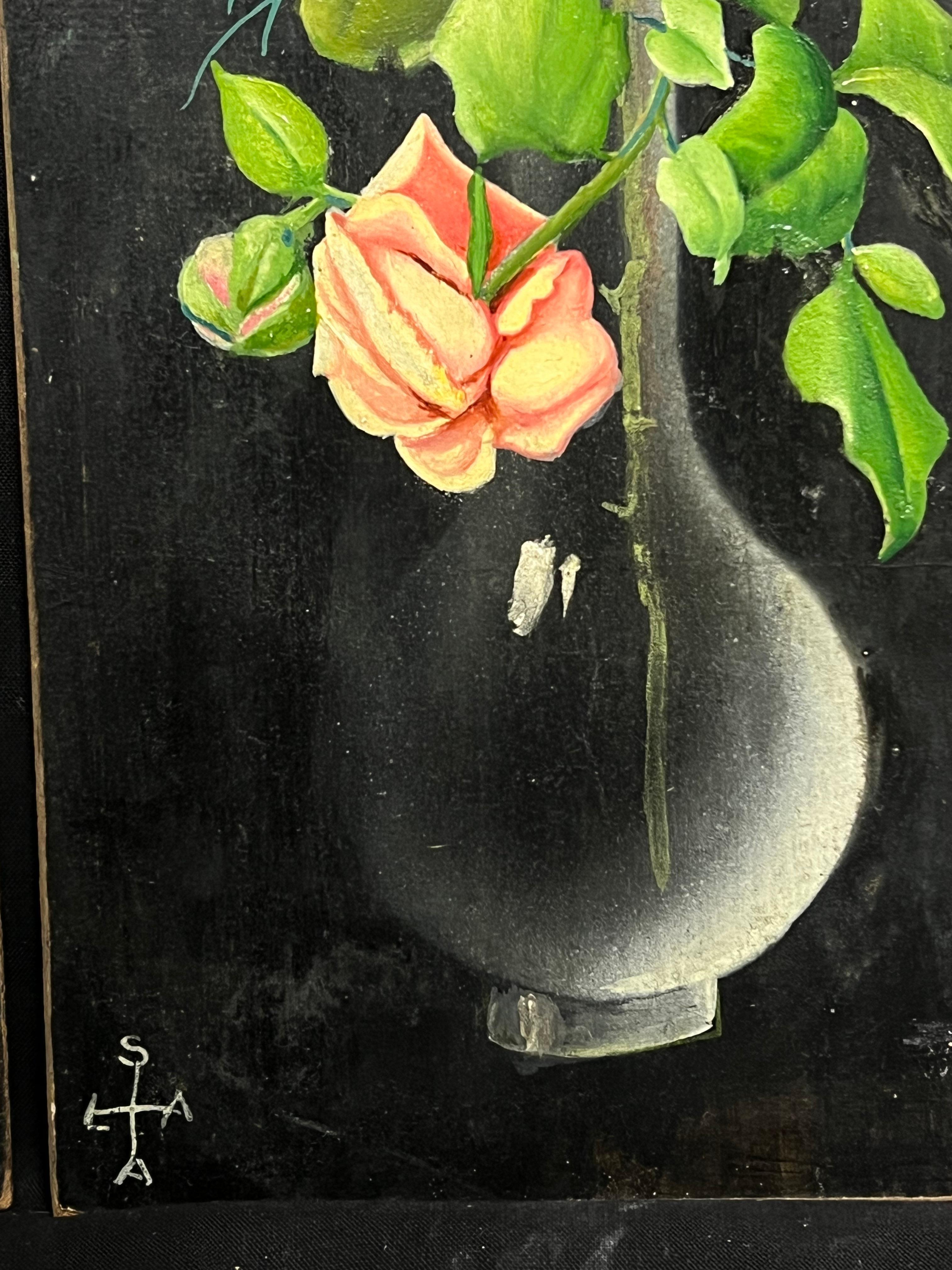 Pair Mid 20th Century French Still Life Painting Ornate Flowers in Glass Vase For Sale 3