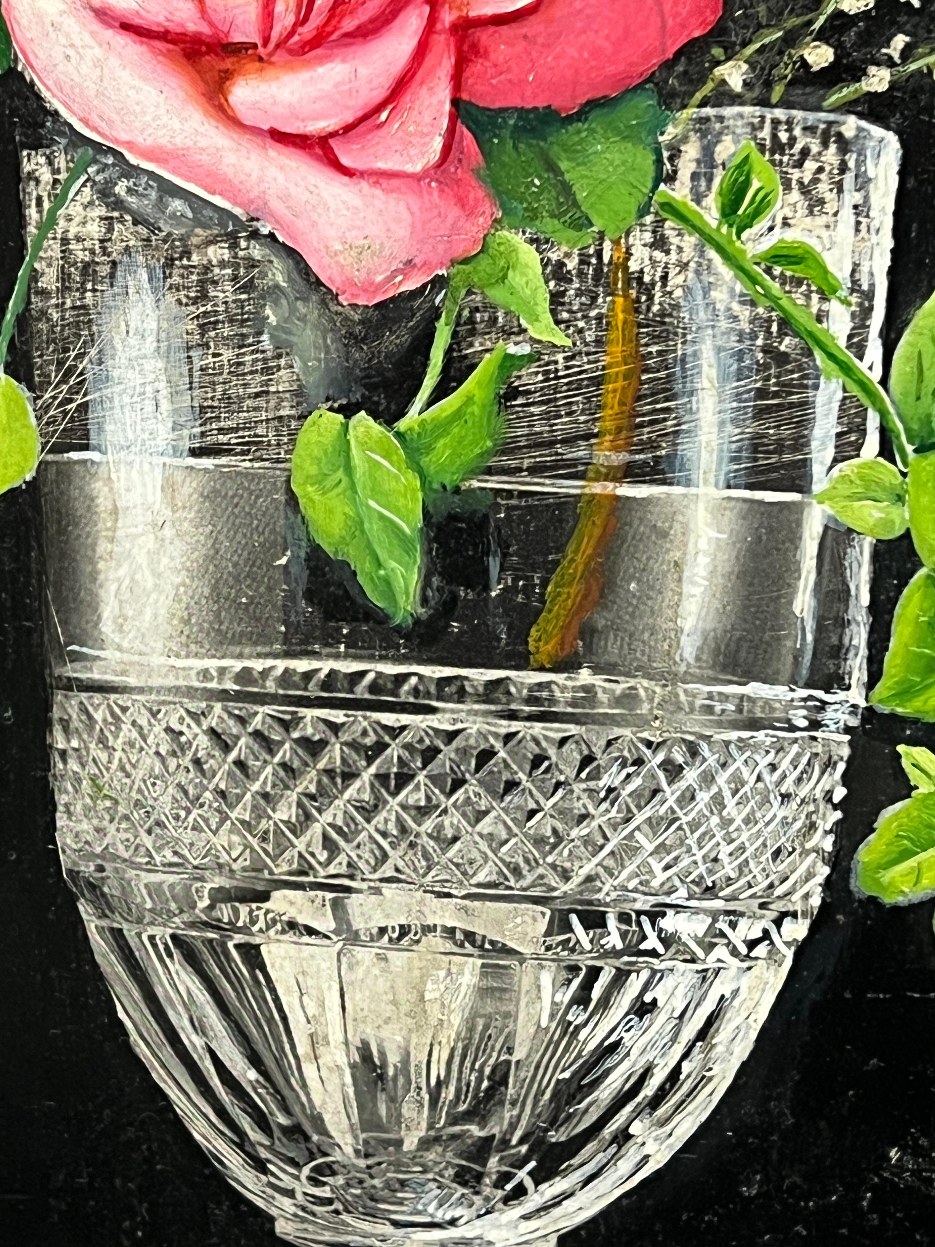 Pair Mid 20th Century French Still Life Painting Ornate Flowers in Glass Vase For Sale 4