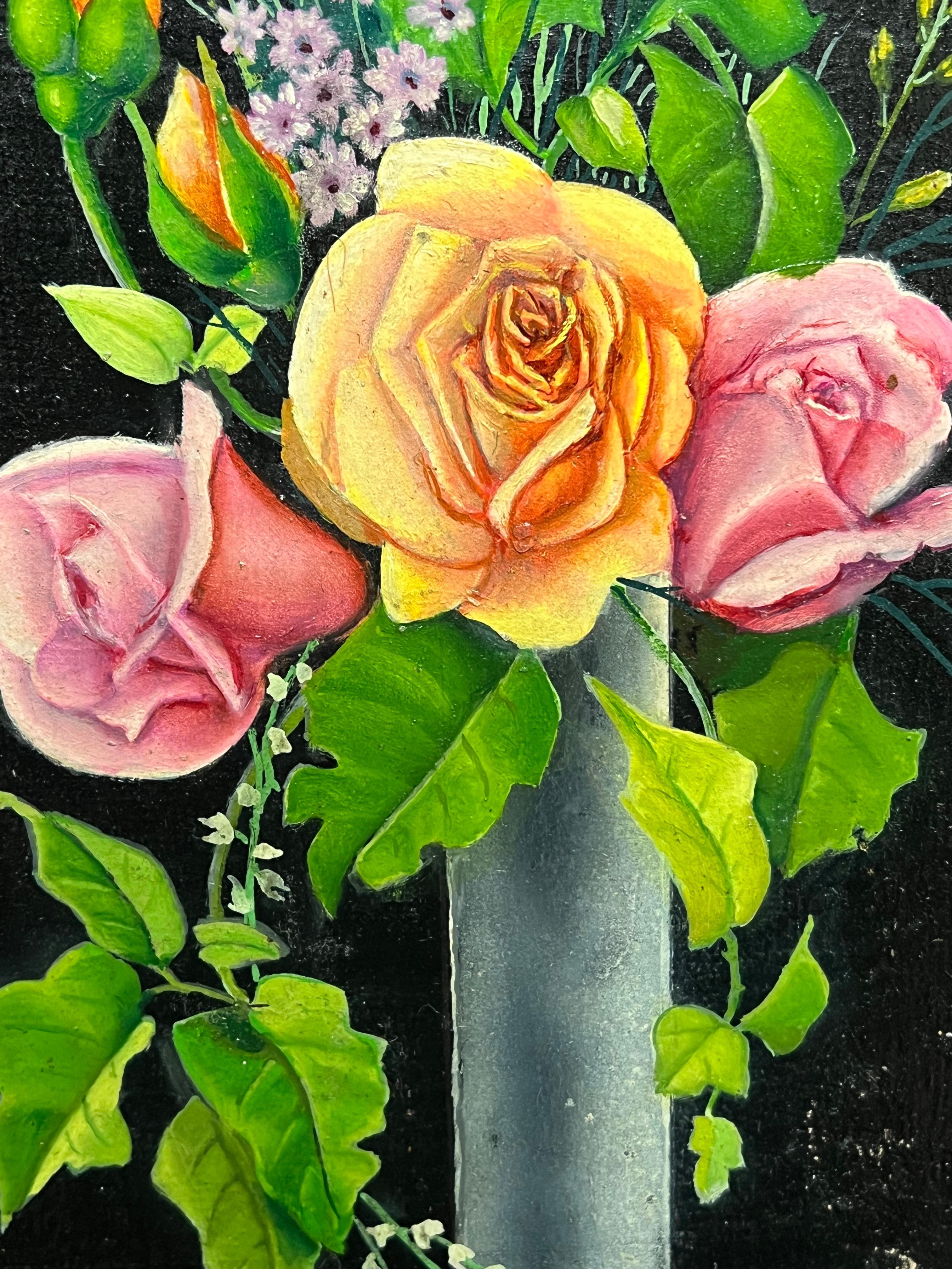 Pair Mid 20th Century French Still Life Painting Ornate Flowers in Glass Vase For Sale 4