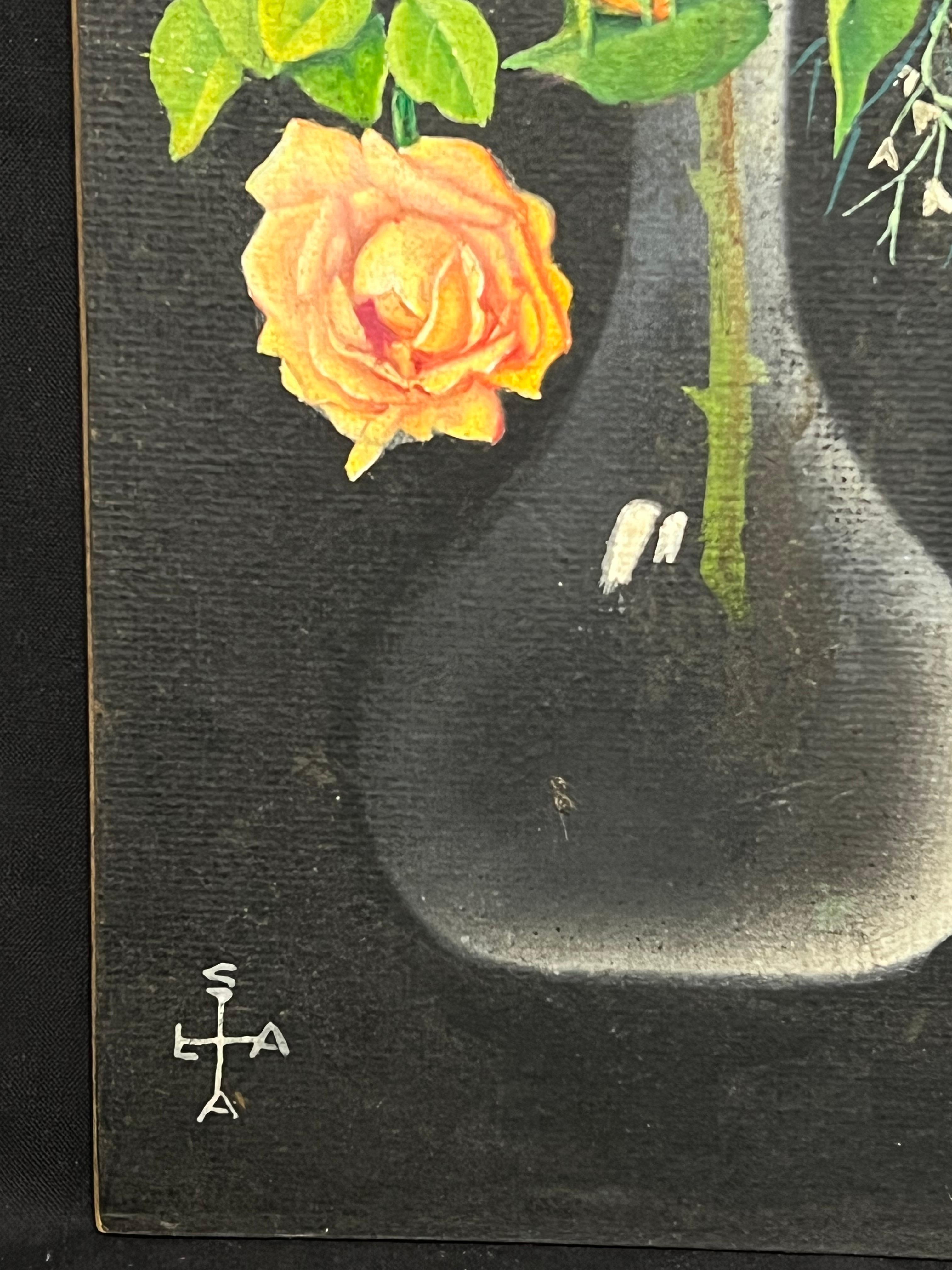 Pair Mid 20th Century French Still Life Painting Ornate Flowers in Glass Vase For Sale 4