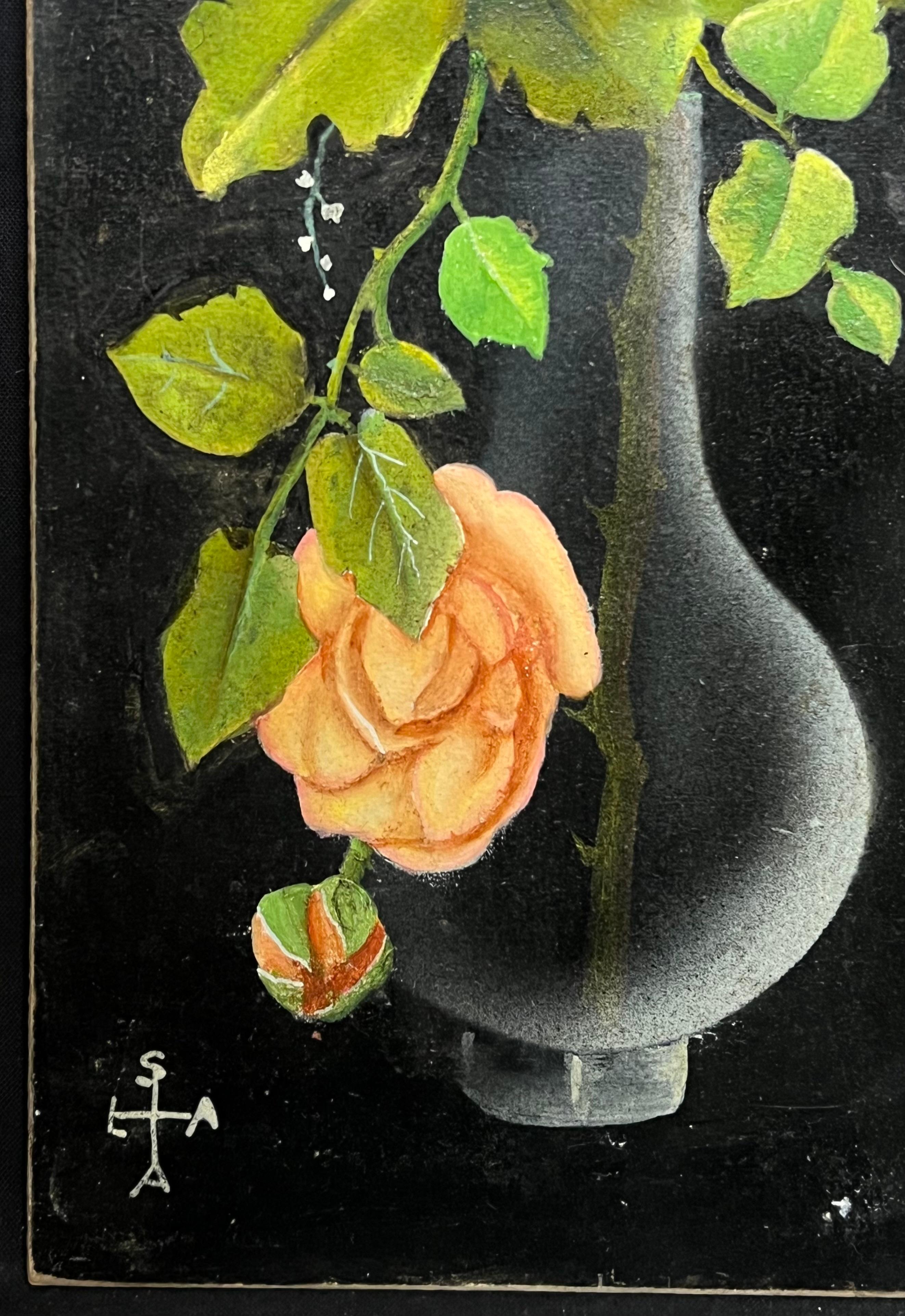 Pair Mid 20th Century French Still Life Painting Ornate Flowers in Glass Vase For Sale 4