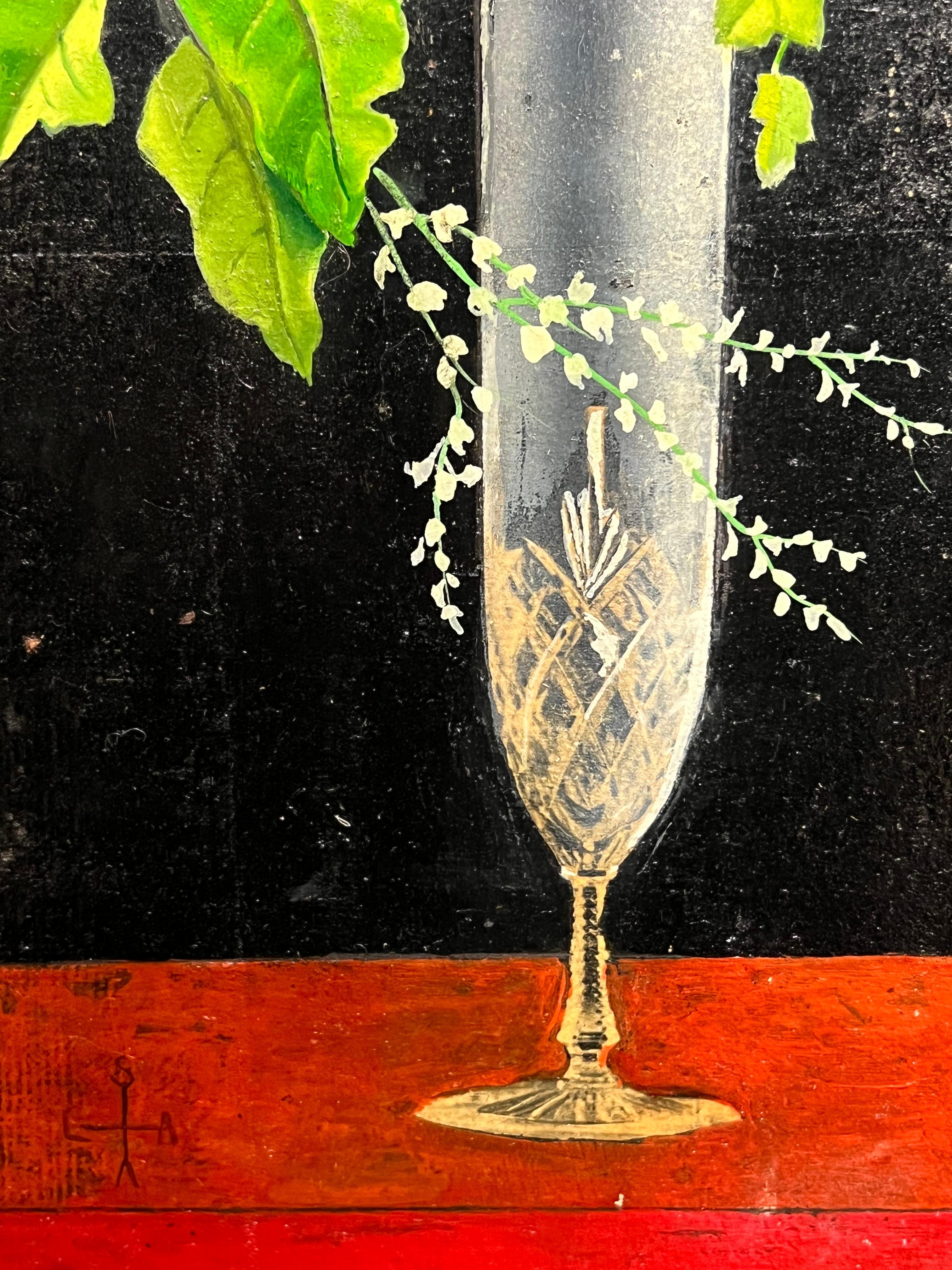 Pair Mid 20th Century French Still Life Painting Ornate Flowers in Glass Vase For Sale 5