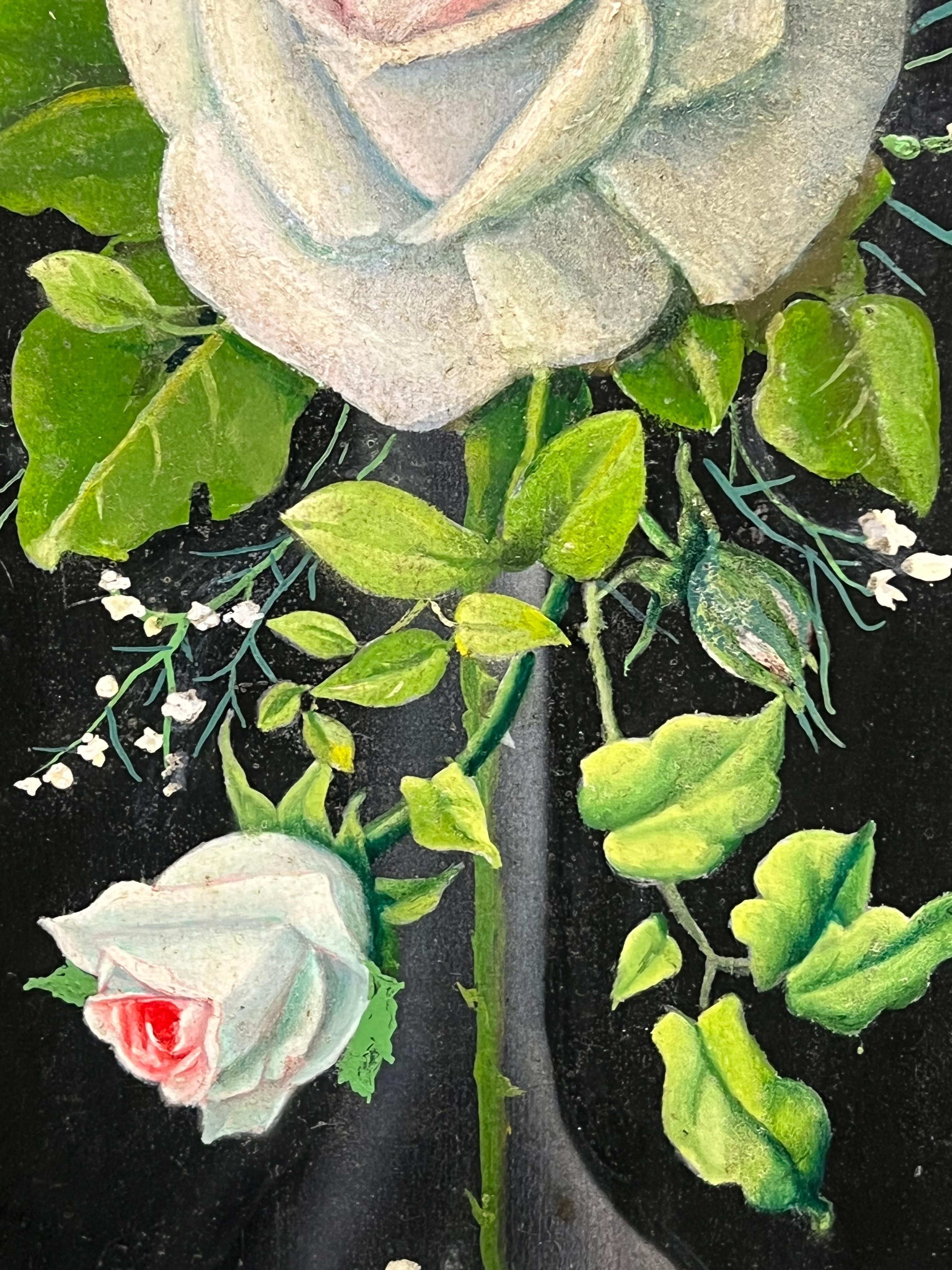 Pair Mid 20th Century French Still Life Painting Ornate Flowers in Glass Vase For Sale 5