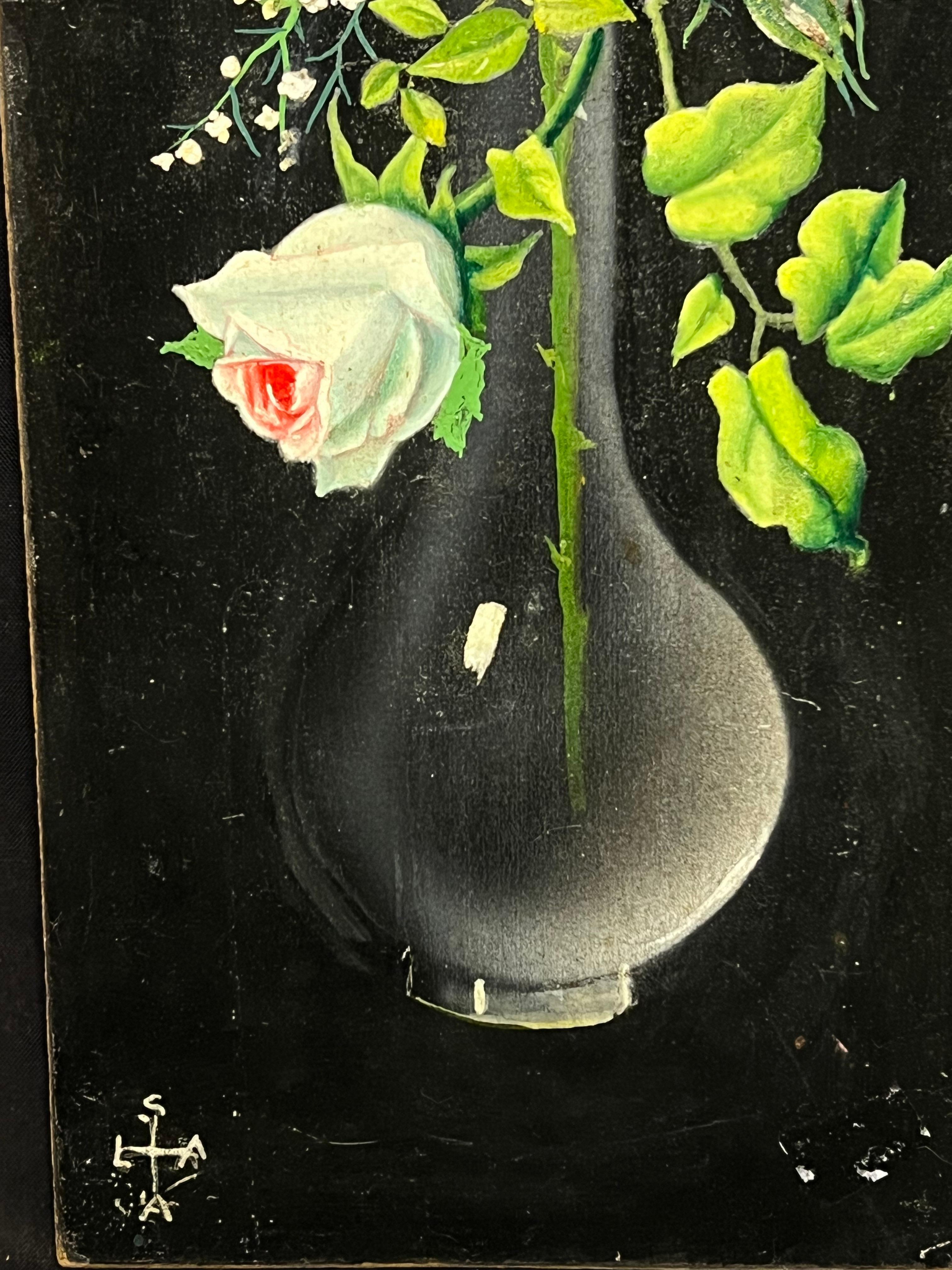 Pair Mid 20th Century French Still Life Painting Ornate Flowers in Glass Vase For Sale 6