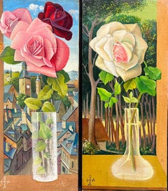 Pair Mid 20th Century French Still Life Painting Ornate Flowers in Glass Vase