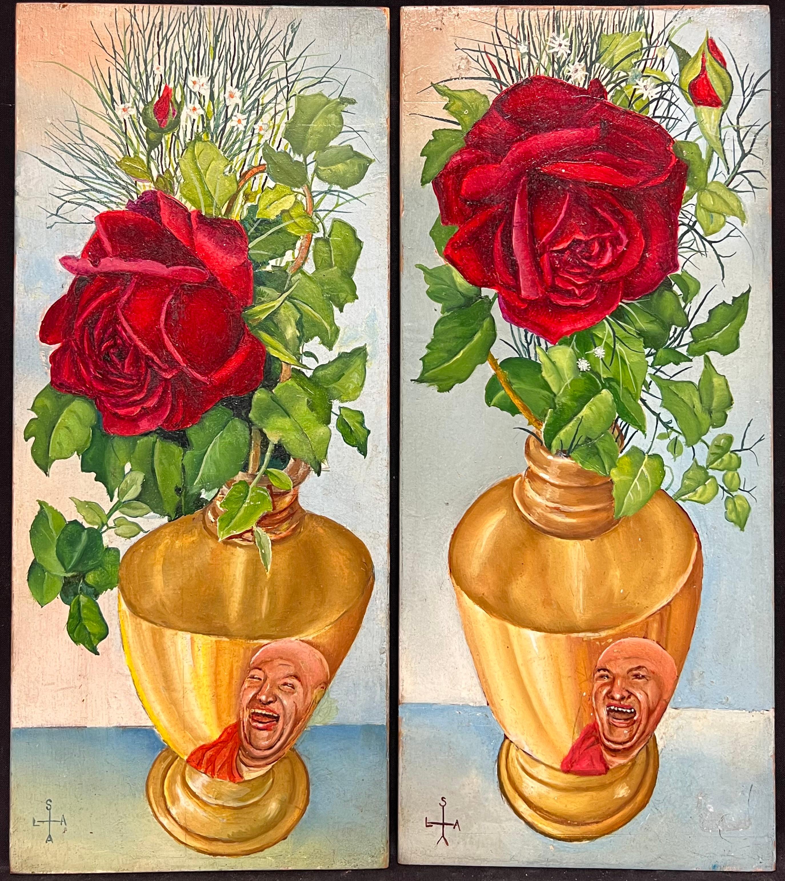 Ornate Flowers in Vase
Pair of original French paintings, circa 1950's period
signed with monograme
2 x oil paintings on unframed board, with added collage/ mixed media
each of the boards measures: 14.5 x 6.25 inches
condition: as a vintage work,