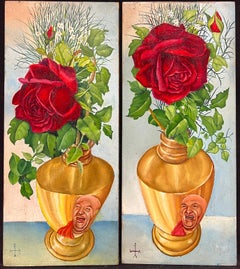 Pair Mid 20th Century French Still Life Painting Ornate Roses in Gold Vases
