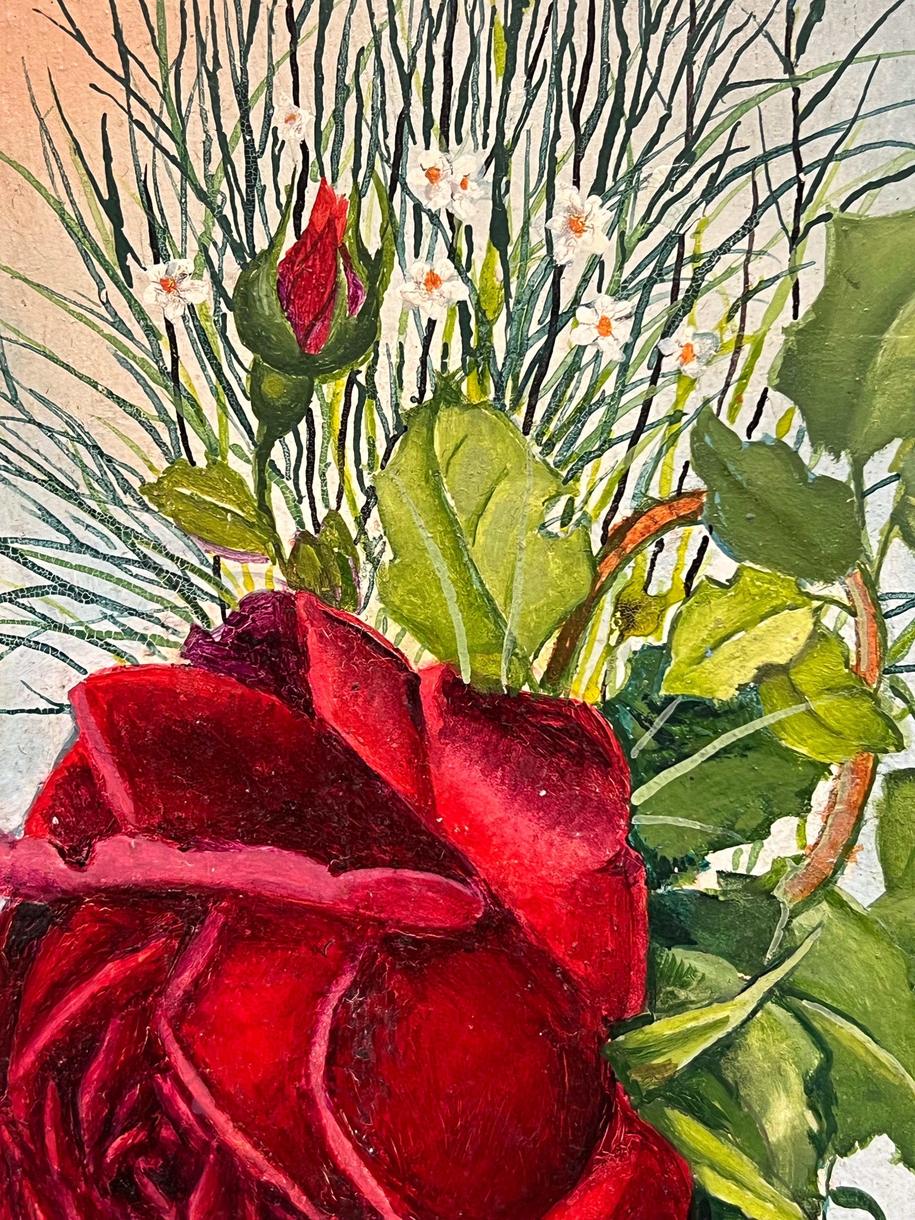 Pair Mid 20th Century French Still Life Painting Ornate Roses in Gold Vases For Sale 1