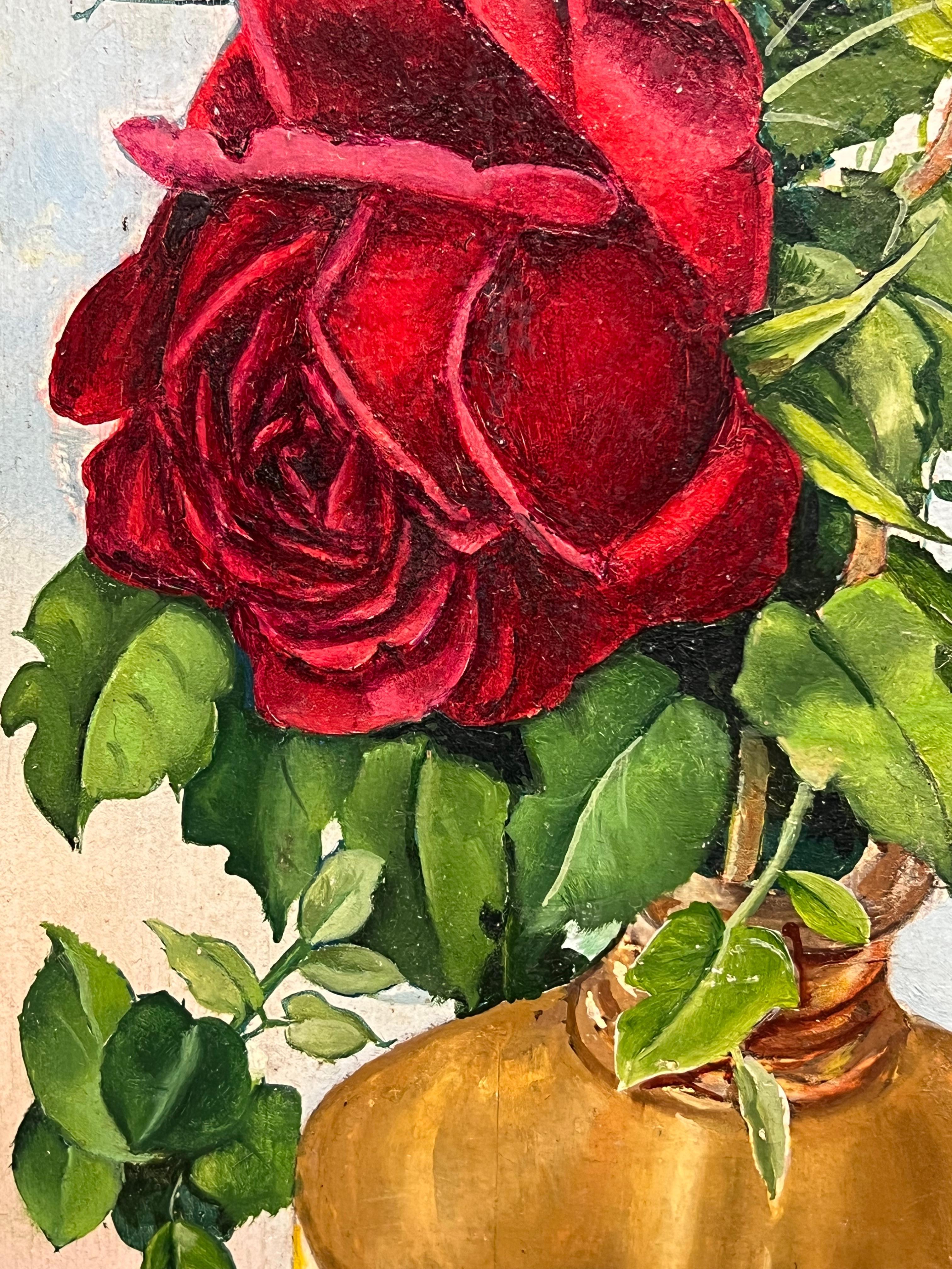 Pair Mid 20th Century French Still Life Painting Ornate Roses in Gold Vases For Sale 2