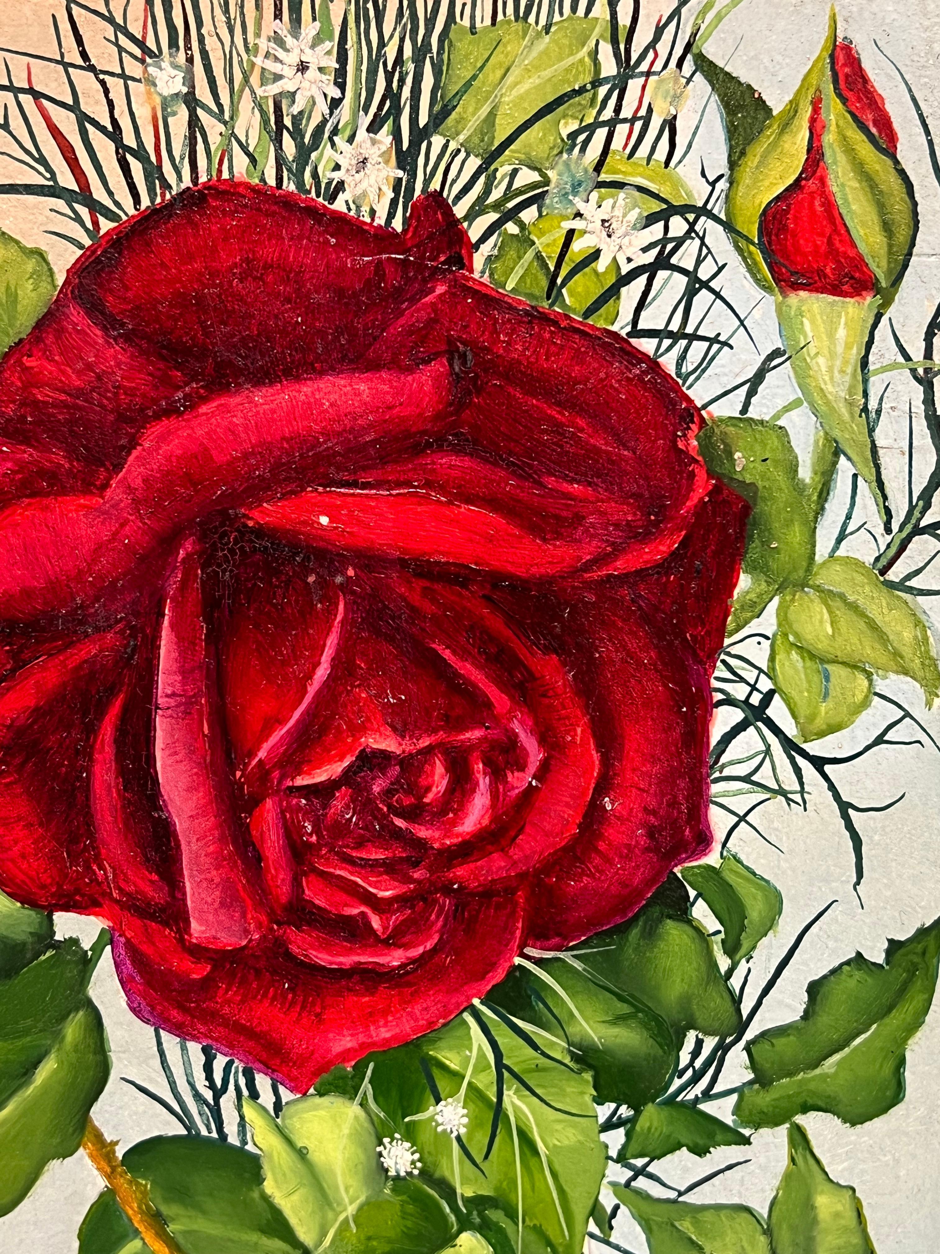 Pair Mid 20th Century French Still Life Painting Ornate Roses in Gold Vases For Sale 5