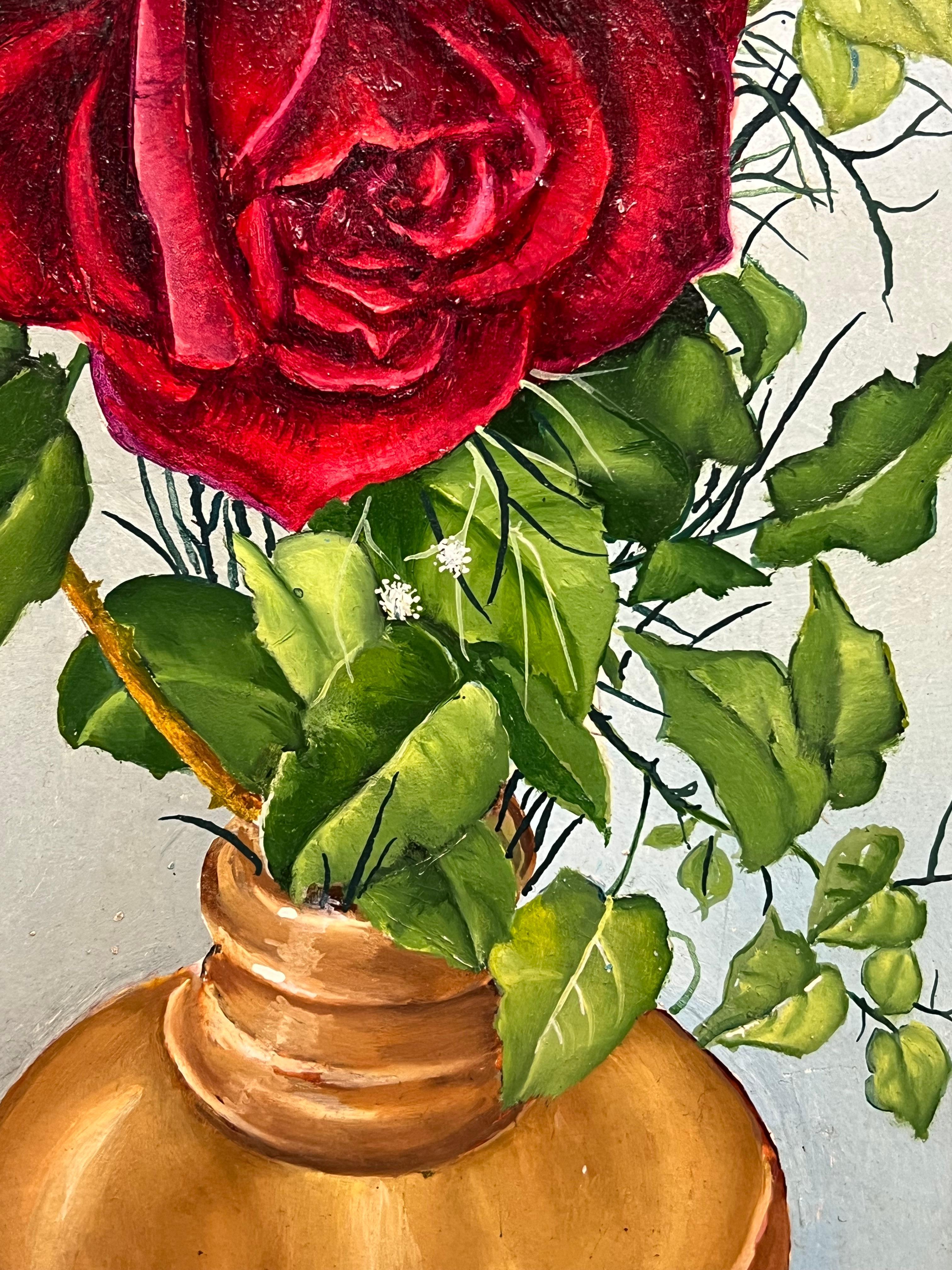 Pair Mid 20th Century French Still Life Painting Ornate Roses in Gold Vases For Sale 6