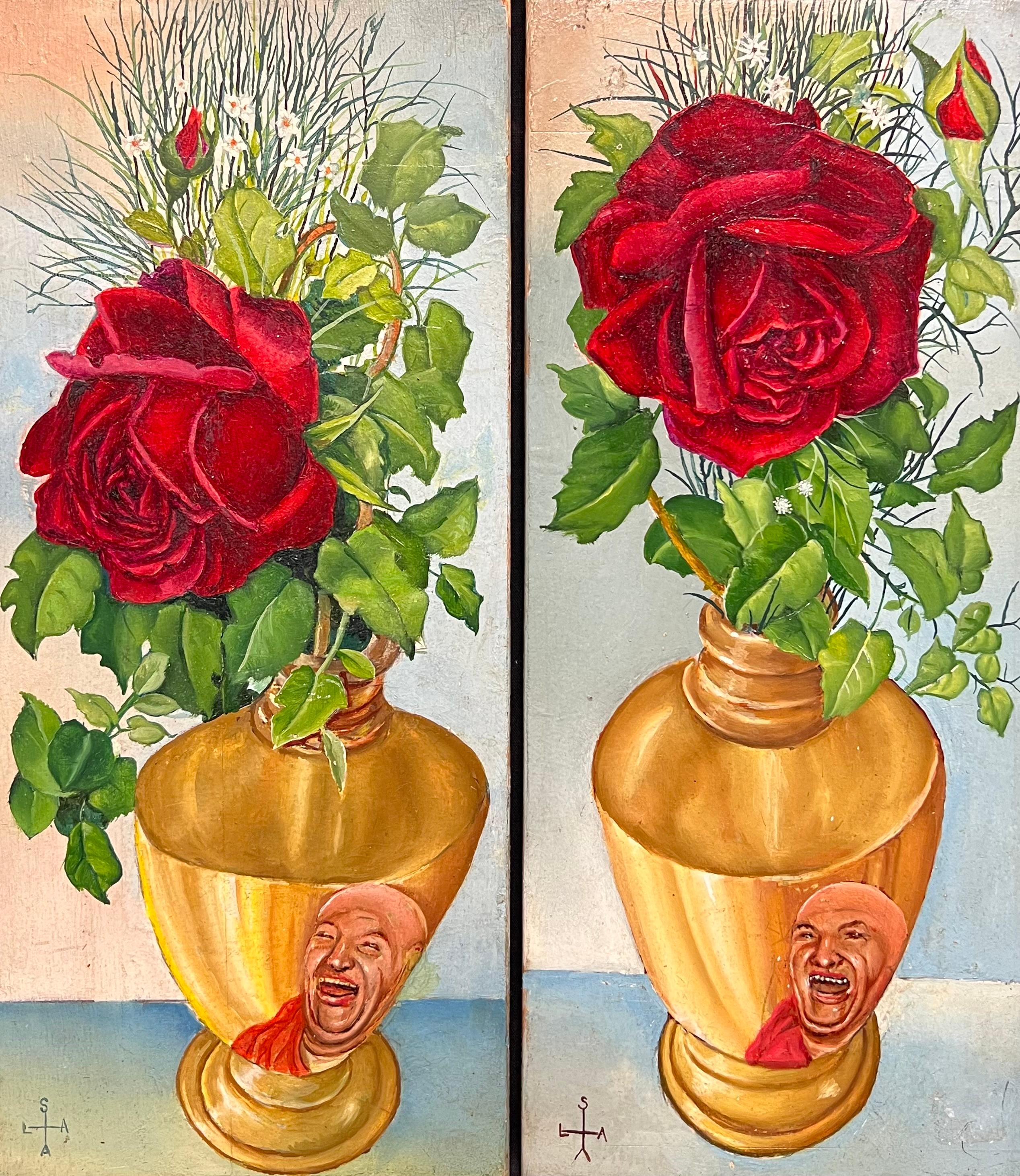 Coppia di nature morte francesi della metà del XX secolo che dipingono rose ornate in vasi d'oro