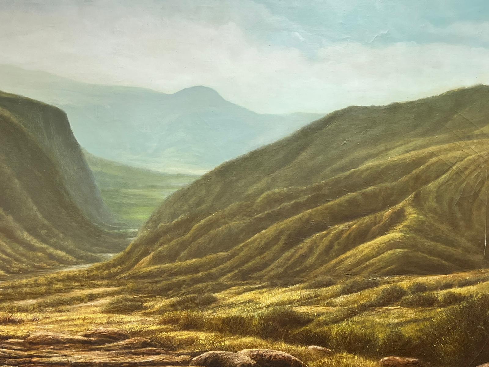 Enorme olio francese firmato Massive Gorge Landscape Valley Panoramic Landscape - Landscape Painting Marrone di French Artist