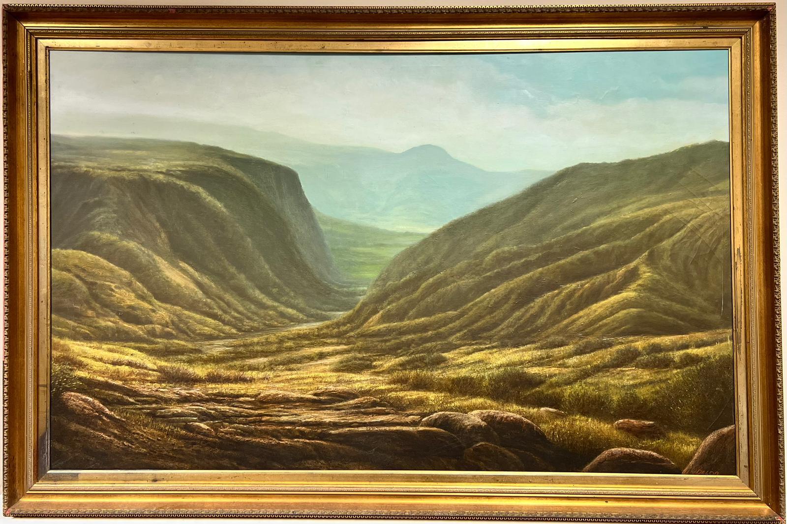 French Artist Landscape Painting - Huge French Signed Oil Massive Gorge Landscape Valley Panoramic Landscape