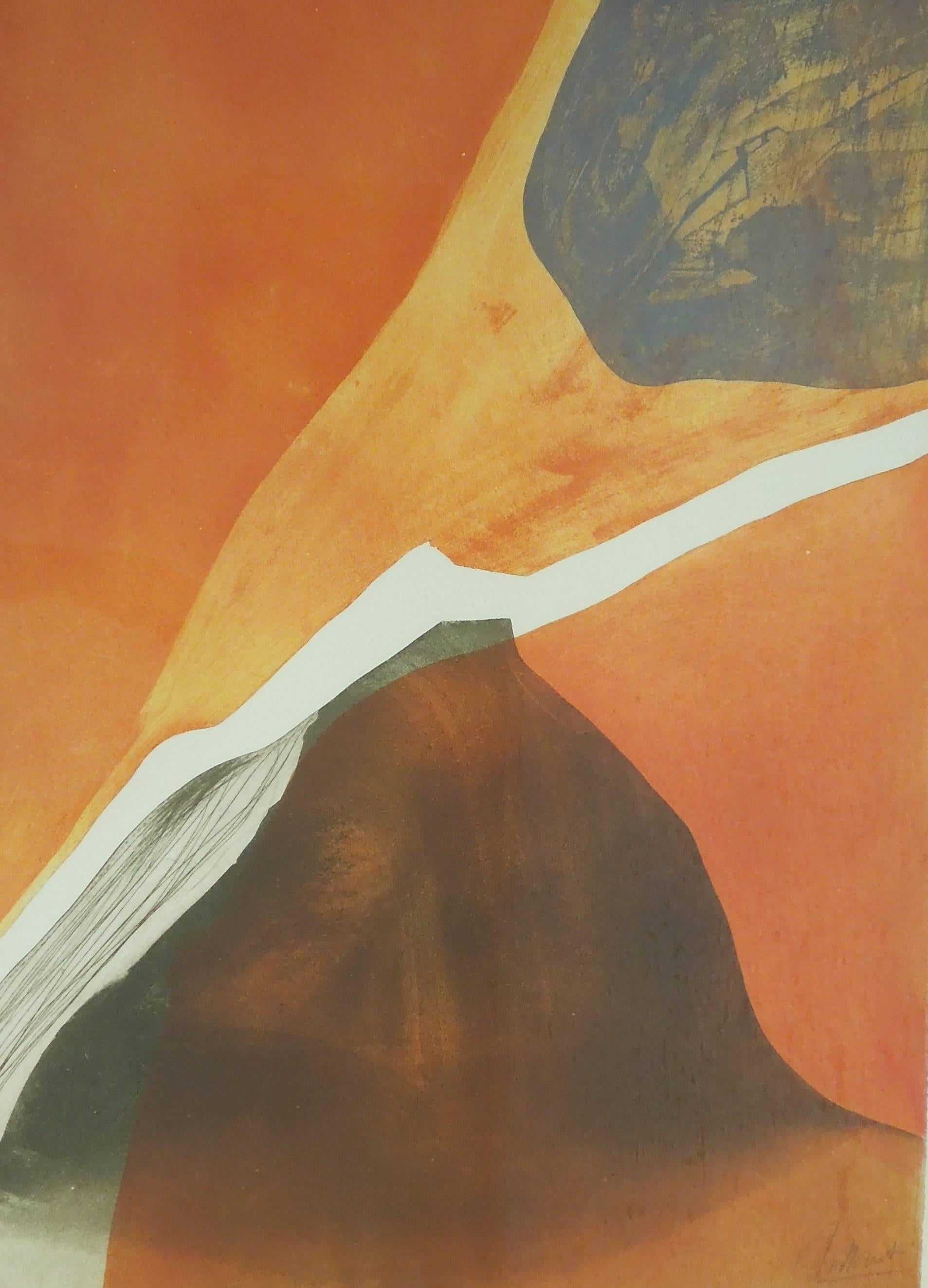 Moderne orangefarbene Ätzung des französischen Künstlers Gilou Brillant „Mention Inotile“ (Französisch) im Angebot