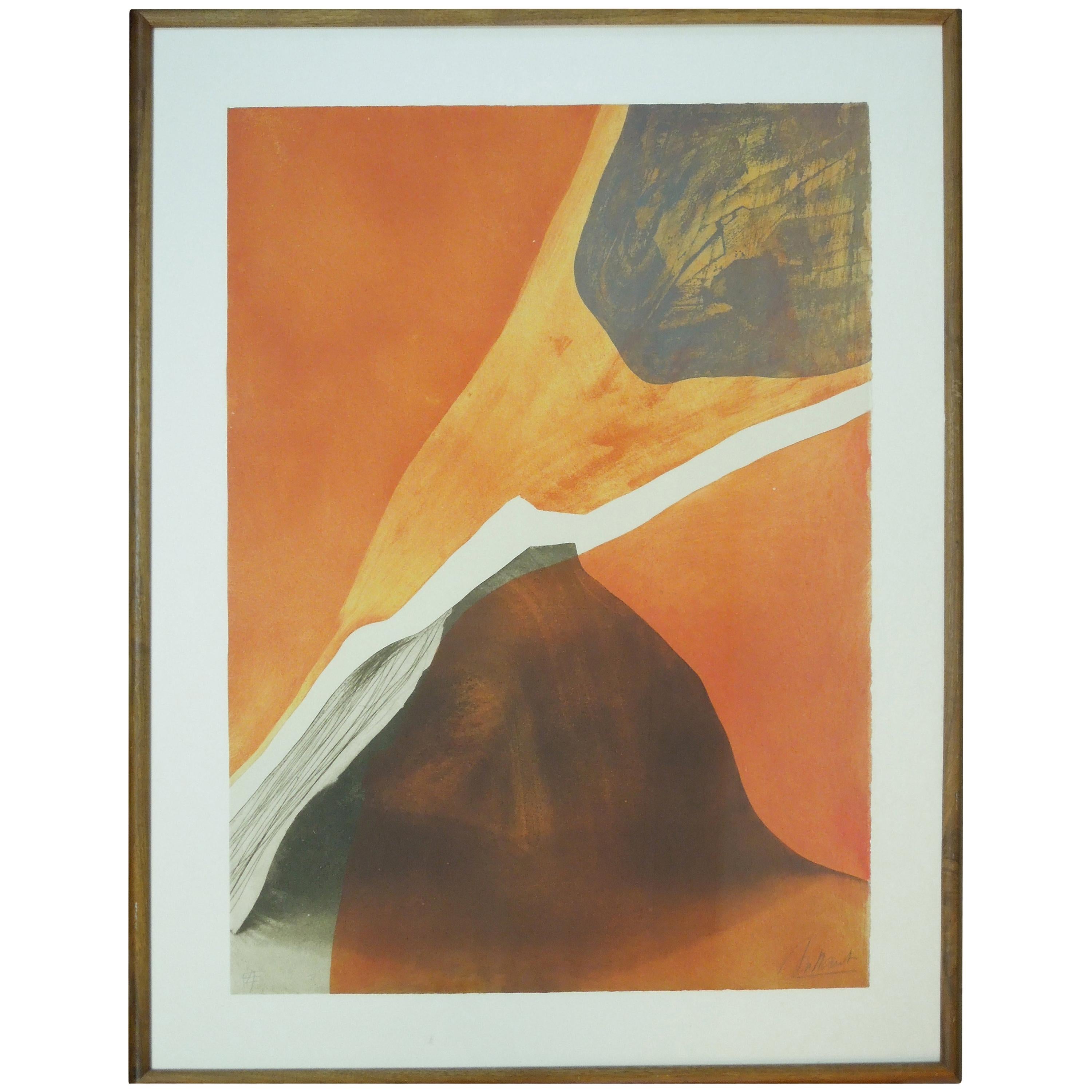 French Artist Gilou Brillant Modern Orange Etching "Mention Inotile" For Sale