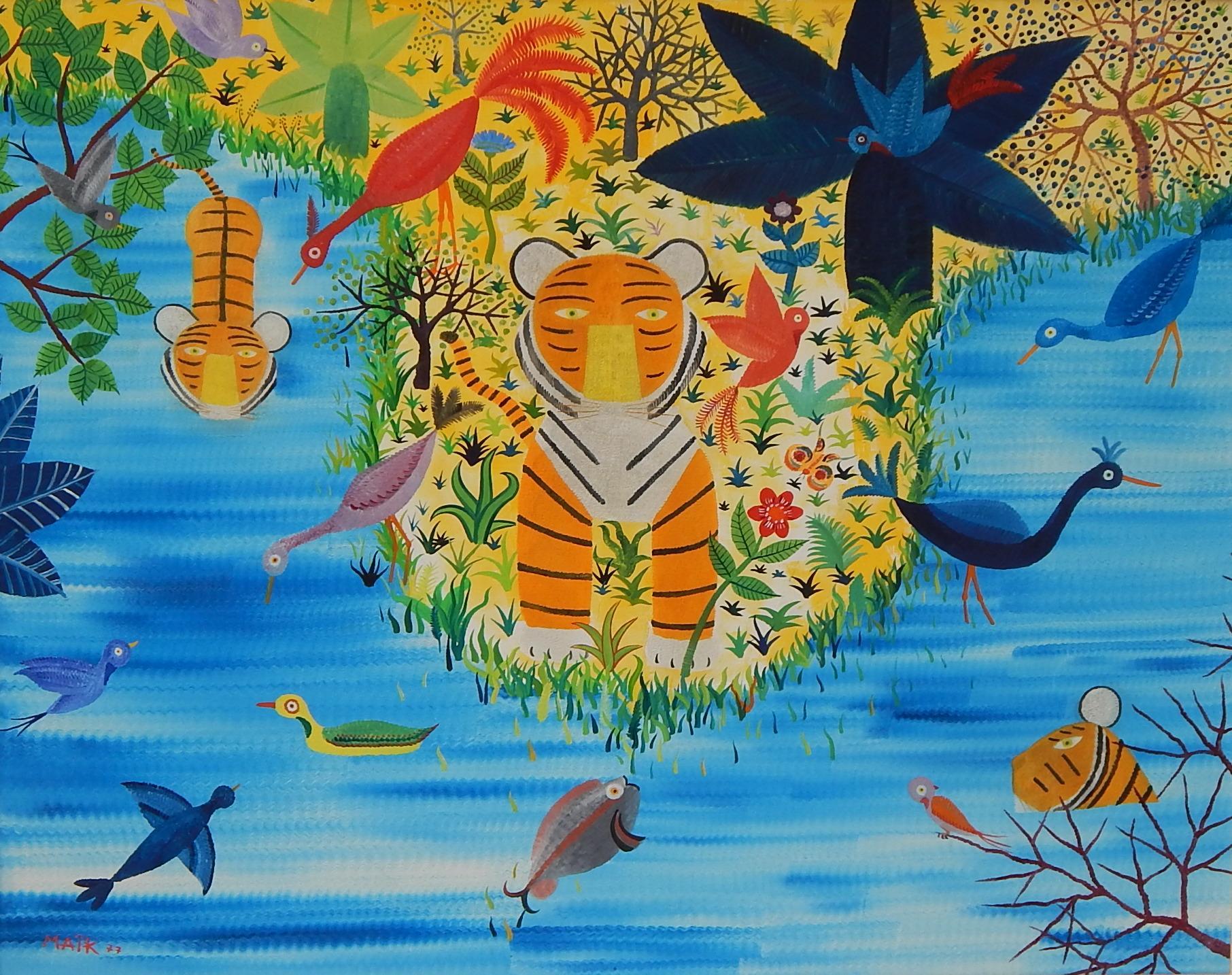 Whimsical oil on canvas by Henri Maik (1922-1993) in excellent condition. 
Titled: “A Good Bath”
Featuring three tigers, one bathing, as well as fish, birds, and flora.
Beautiful bright colors with charming wildlife. 
Measures: 28 7/8