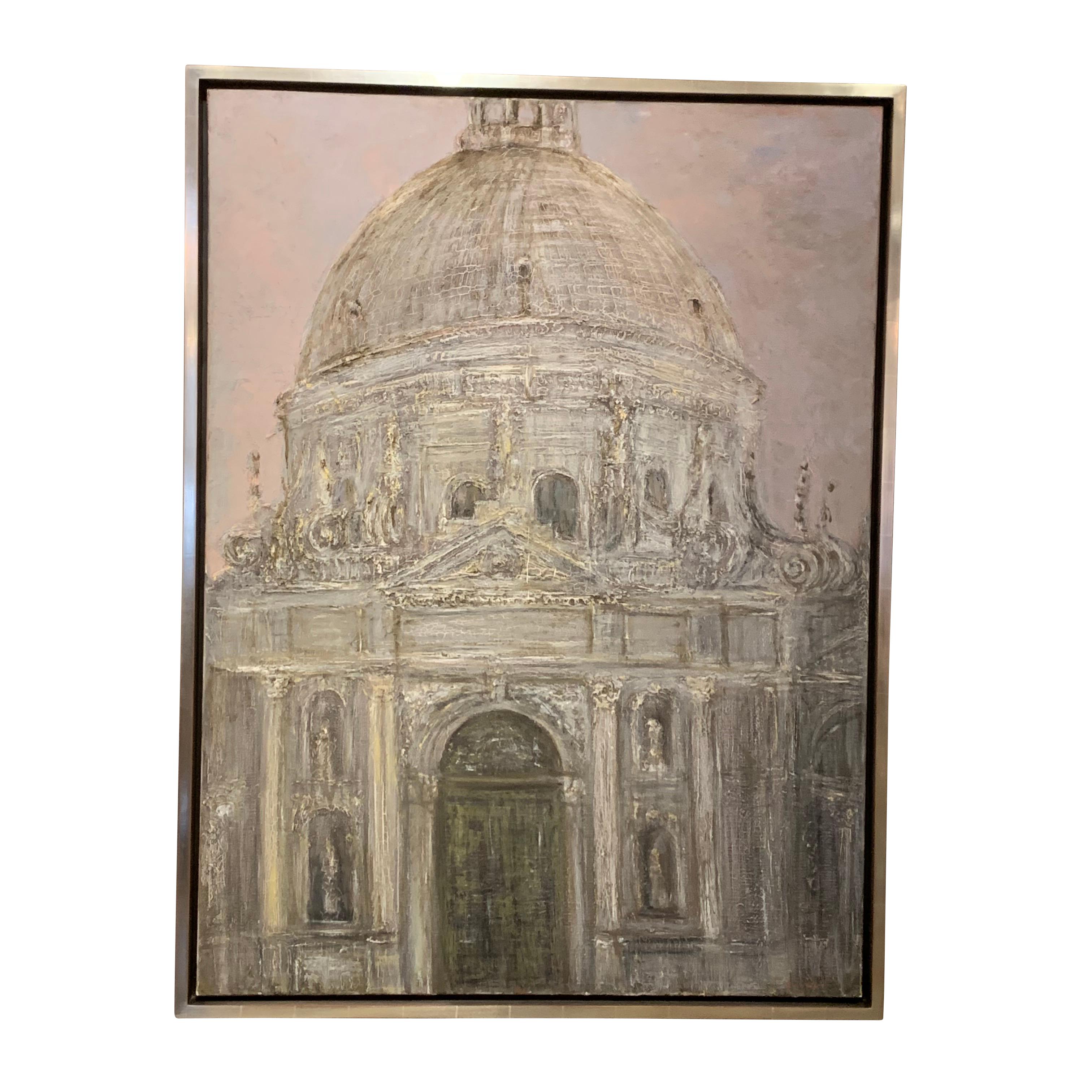 Contemporary French artist Herve Thibault oil painting of a cathedral in Venice. Colors are soft and muted greys.
From his series of artwork inspired by Venice.
Newly framed in silver leaf shadow style frame
Signed by the artist.