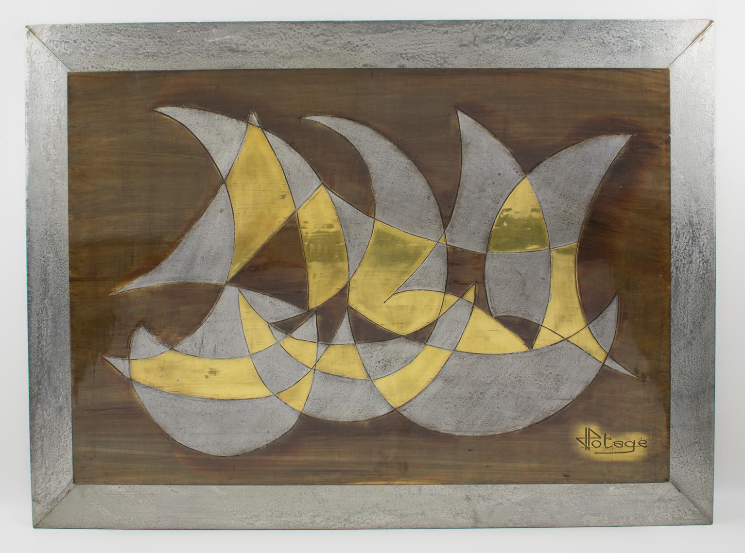 French artist Jacques Potage (1931 -) handcrafted this striking brutalist wall art sculpture. Mounted on a wood plank covered with textured pewter, the metal panel features a stylized set of sailboats in abstract mixed metal modernist-inspired