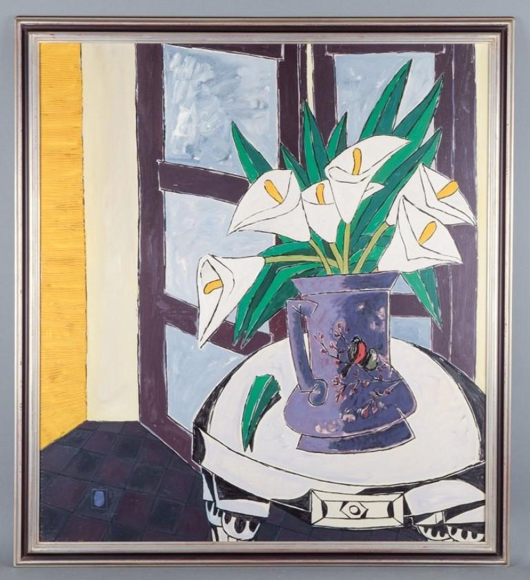 French artist.
Oil on board.
Modernist still life with flowers in a pitcher on a table.
Dated 1983.
Signed with a monogram.
In perfect condition.
Dimensions: W 88.0 cm x H 98.0 cm.
Total dimensions: W 99.0 cm x H 109.0 cm.