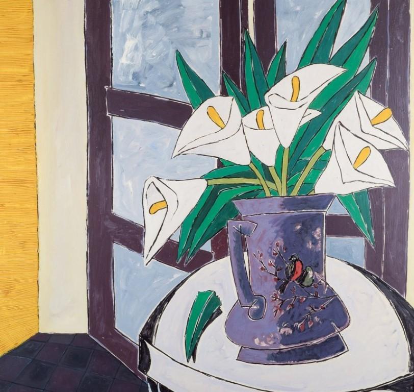 French artist, oil on board, modernist still life with flowers in a pitcher. In Excellent Condition For Sale In Copenhagen, DK
