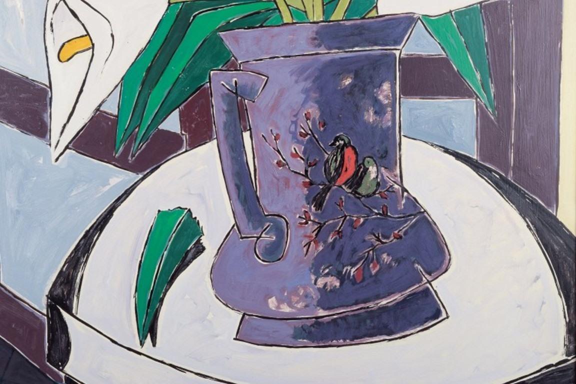 Canvas French artist, oil on board, modernist still life with flowers in a pitcher. For Sale