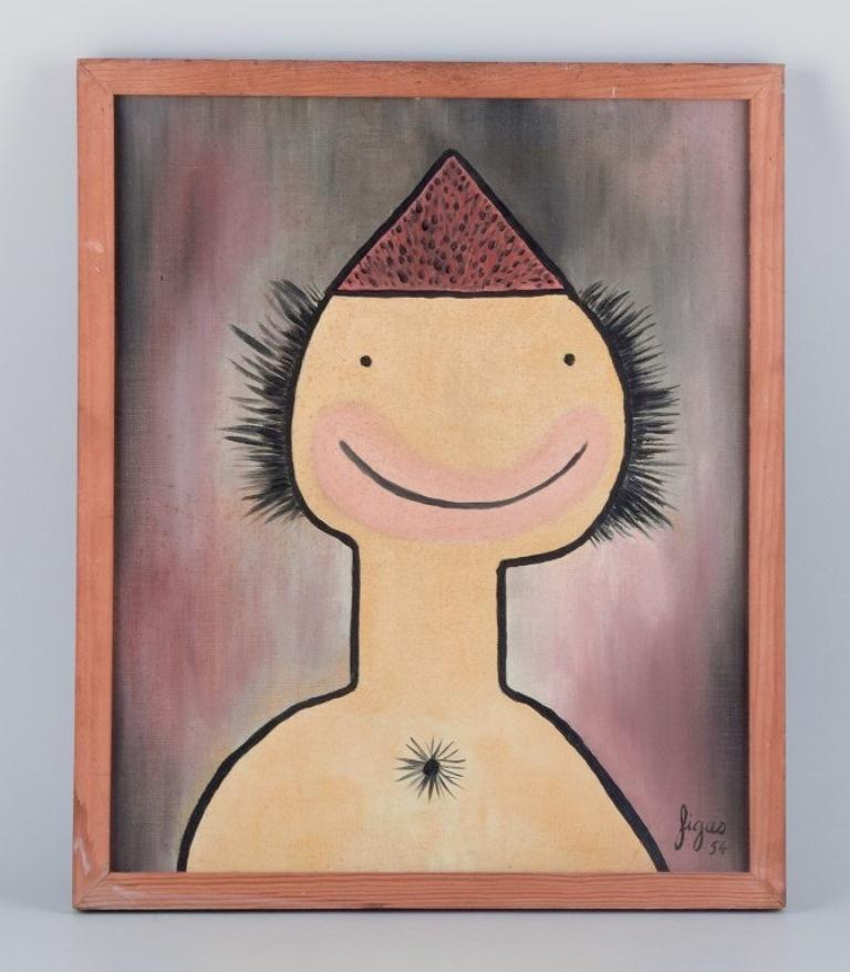 French artist, oil on canvas. Humorous portrait in naïve style.
In excellent condition.
Signed Figas and dated 54.
Dimensions: H 44.8 cm x W 36.7 cm.
Total dimensions: H 48.8 cm x W 40.7 cm.