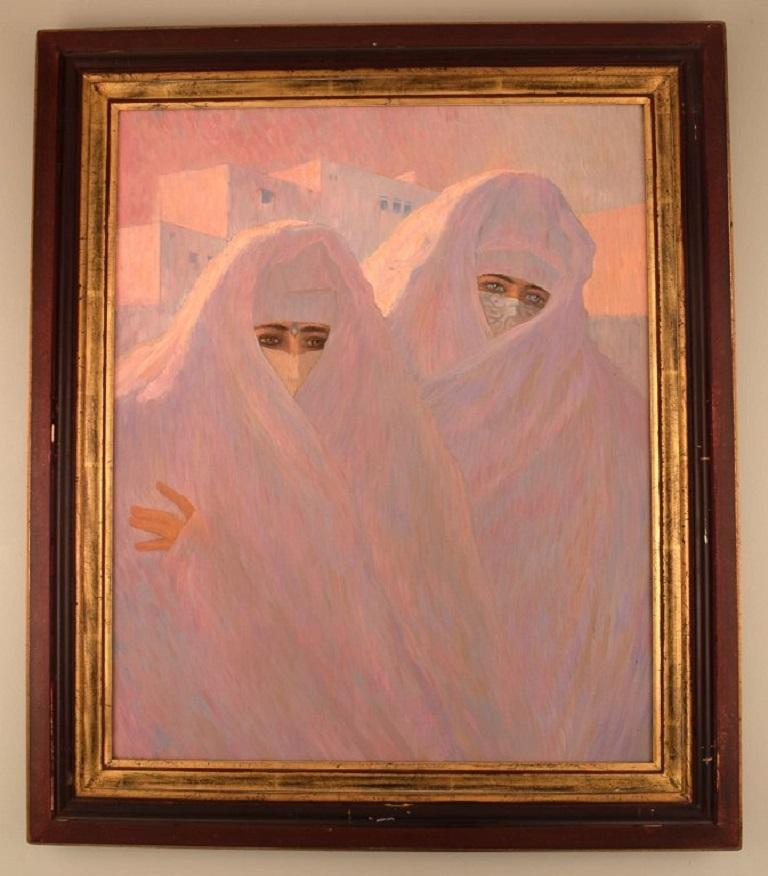 French artist. Oil on canvas. Two oriental women. 
20th Century.
The canvas measures: 59 x 49 cm.
The frame measures: 8 cm.
In excellent condition.