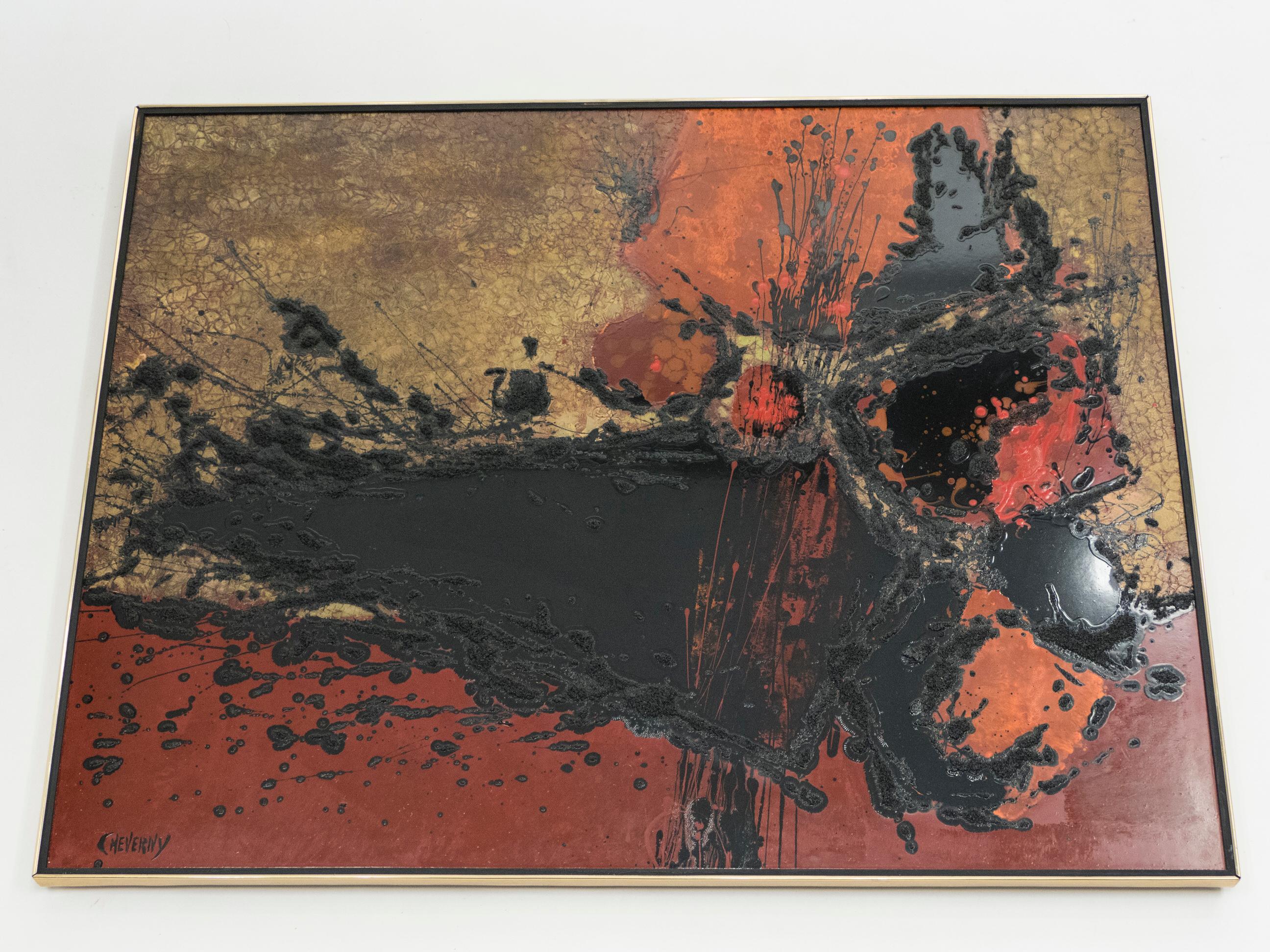 Midcentury design and abstract art come together in this red, black, and orange lacquer panel. It’s by prominent 20th century French artist and designer Philippe Cheverny and dates from circa 1970.
 
The bold splashes of lacquer make this large