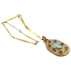 French Artist Willy Blue Enamel and Bronze Pendant Necklace, 1950s