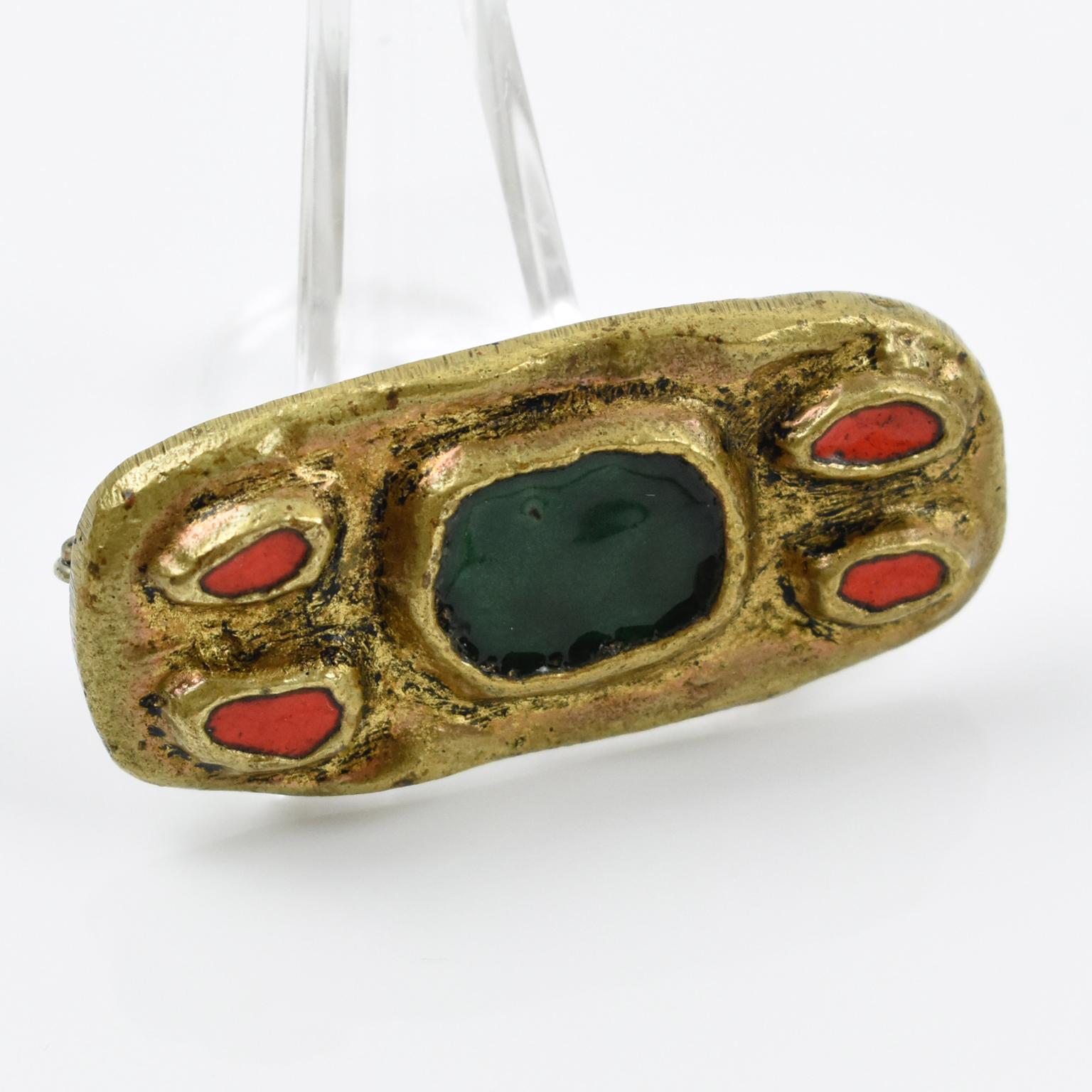 Modernist French Artist Willy Gilt Bronze and Enamel Pin Brooch, 1950s For Sale