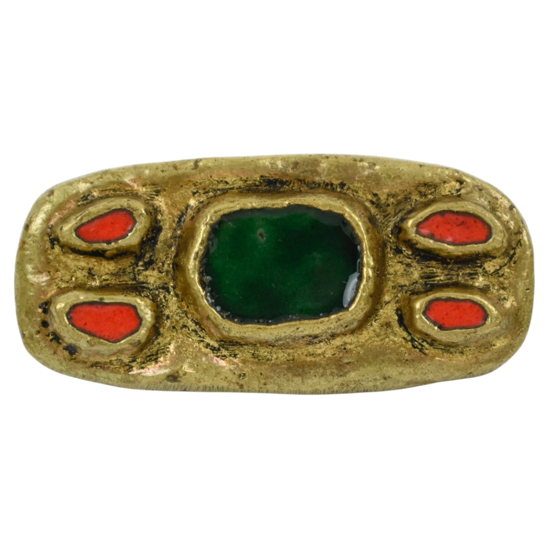 French Artist Willy Modernist Gilded Bronze and Enamel Brooch