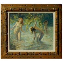 French Artist Yves Diey Oil on Canvas, Les Baigneuses