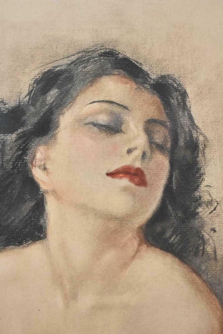 Original pastel on paper by French artist Yves Diey 1892-1984. Vibrant nude of a beautiful brunette woman with a shawl. Titled 